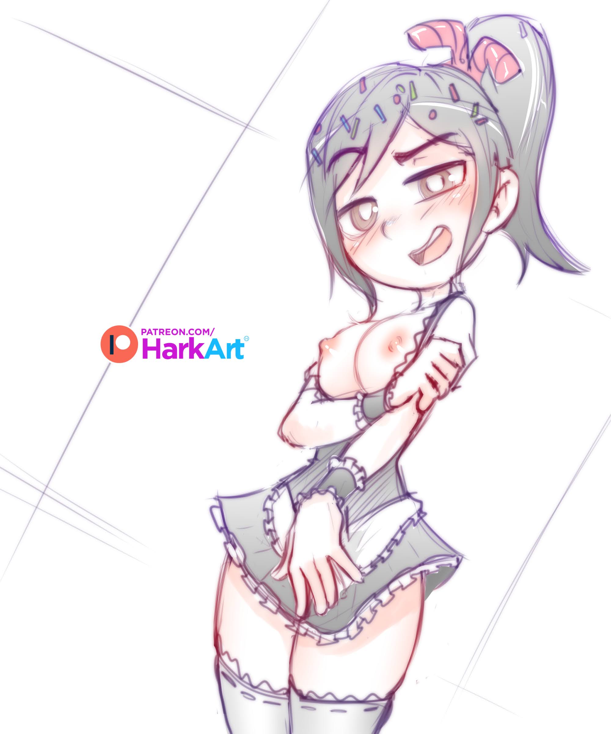 1girls, aged up, armwear, blush, breasts, brown eyes, disney, dress, female, grey hair, harkart, maid, maid dress, medium breasts, nipples, open mouth, patreon, ponytail, sketch, smile, stockings, tagme, teenage female, teenager, url, vanellope von schweetz, wreck-it ralph