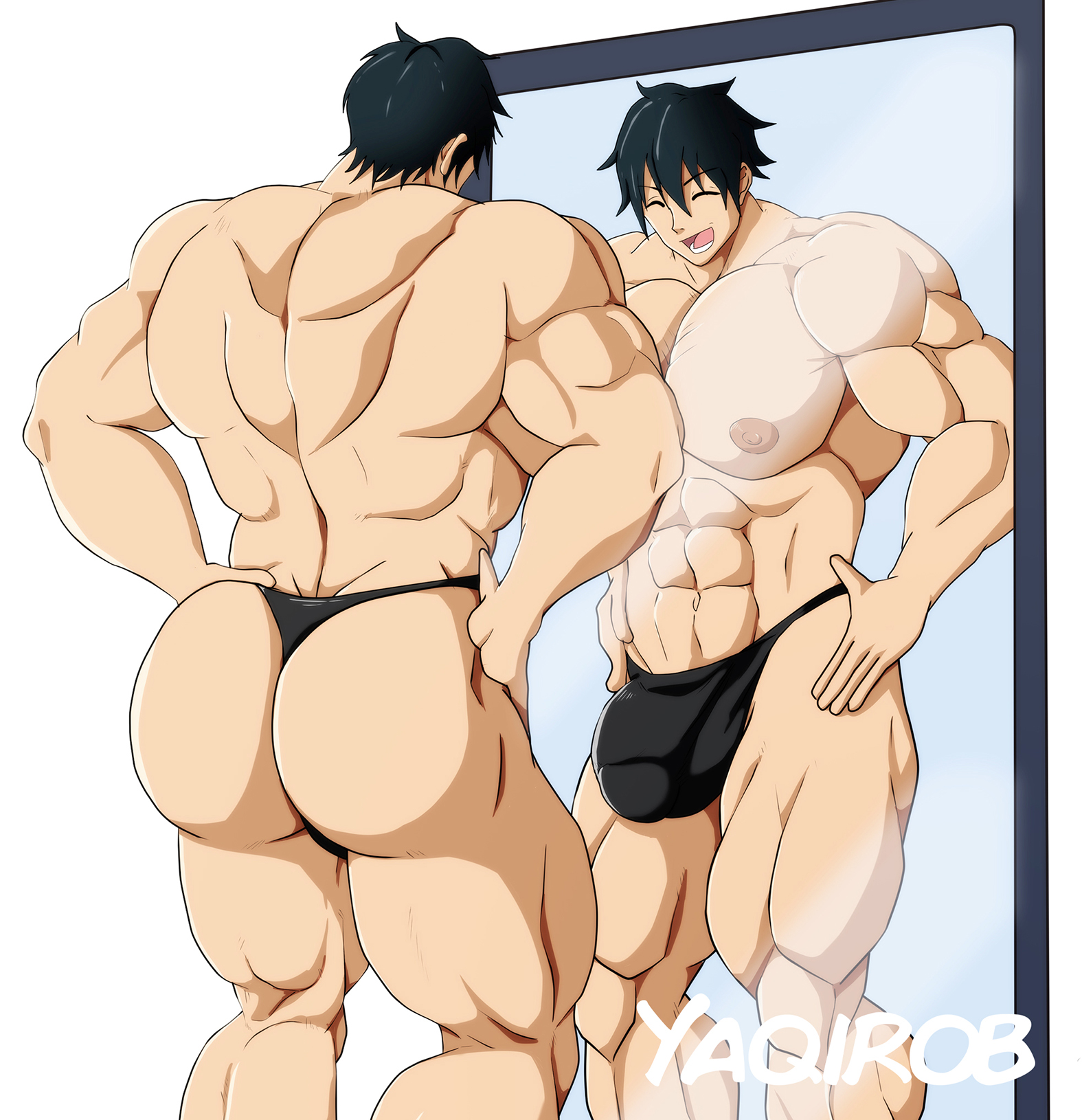 1boy, abs, ass, balls, bara, big ass, big muscles, big nipples, big pecs, black hair, black thong, bulge, dumbbell nan kilo moteru?, highres, machio naruzo, male, male focus, male only, mirror, muscles, muscular, muscular male, muscular thighs, nipples, pecs, penis, pose, short hair, simple background, smile, solo, testicles, thick, thick ass, thick penis, thick thighs, thong, underwear, yaoi, yaquirobara