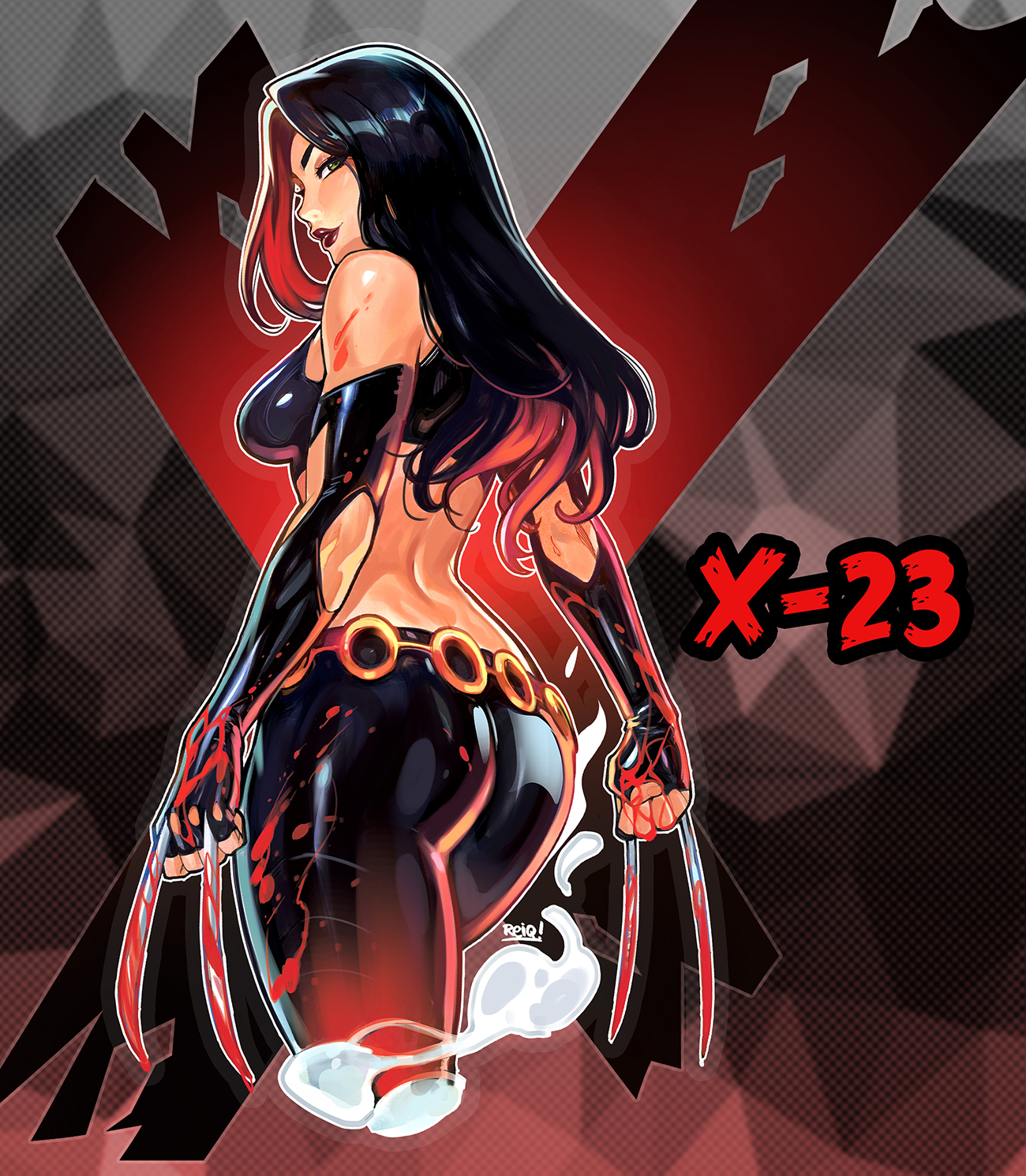 1girls, big breasts, blood, breasts, character name, female, female focus, female only, fully clothed, high resolution, highres, latex pants, laura kinney, long hair, marvel, marvel comics, patreon, patreon reward, reiq, solo, text, x-23, x-men