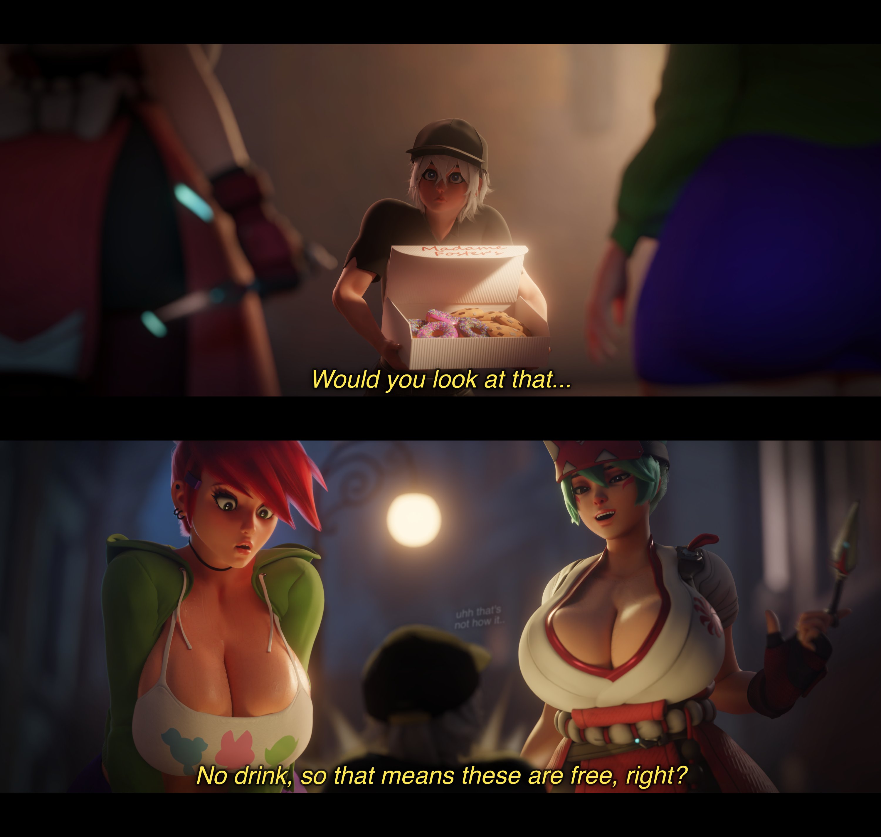 3d, 3d (artwork), american, american female, asian, asian female, big breasts, bigger female, blizzard entertainment, bottopbot2, breasts, cartoon character, cartoon network, clothed, clothed female, clothed male, crossover, delivery boy, delivery employee, donut, donuts, food, foster's home for imaginary friends, frankie foster, giantess, green hair, green hair female, height difference, japanese, japanese female, kiriko (overwatch), kiriko kamori, large boobs, large breasts, larger female, mini giantess, original character, overwatch, overwatch 2, red hair, red hair female, redhead female, scrag boy (model), scrag boy (style), scrag frankie, scraggle, shorter male, size difference, smaller male, someone else's oc, video game character, white hair, white hair male