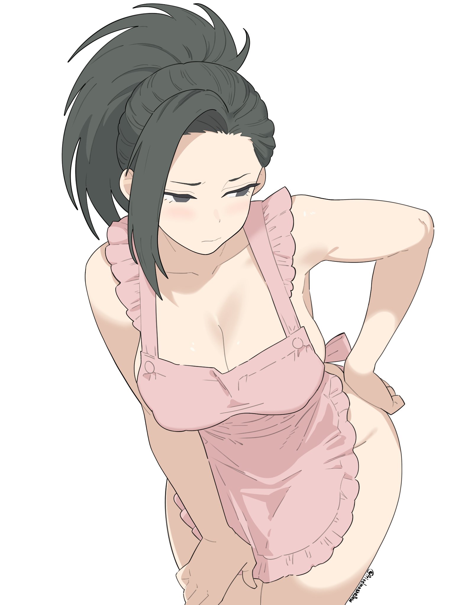 1girls, apron, apron only, bent forward, black eyes, black hair, breasts, cleavage, curvy, female, female only, friedmashmallow, hand on hip, momo yaoyorozu, my hero academia, nipple bulge, thick thighs, thighs, tied hair, white background, wide hips
