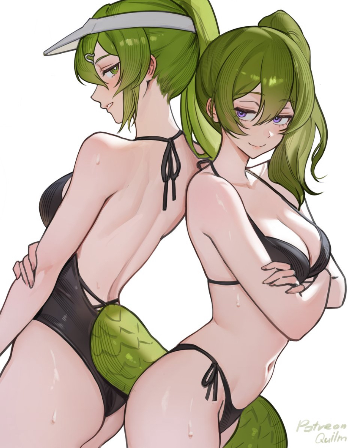 2girls, arknights: endfield, arms under breasts, ass, back to back, backside, belly, bikini, breasts, crocodile tail, crossover, female, female only, fluorite (arknights: endfield), green eyes, multiple girls, petite female, quilm, side ponytail, small ass, small breasts, sousou no frieren, sweaty body, swimsuit, ubel (sousou no frieren)