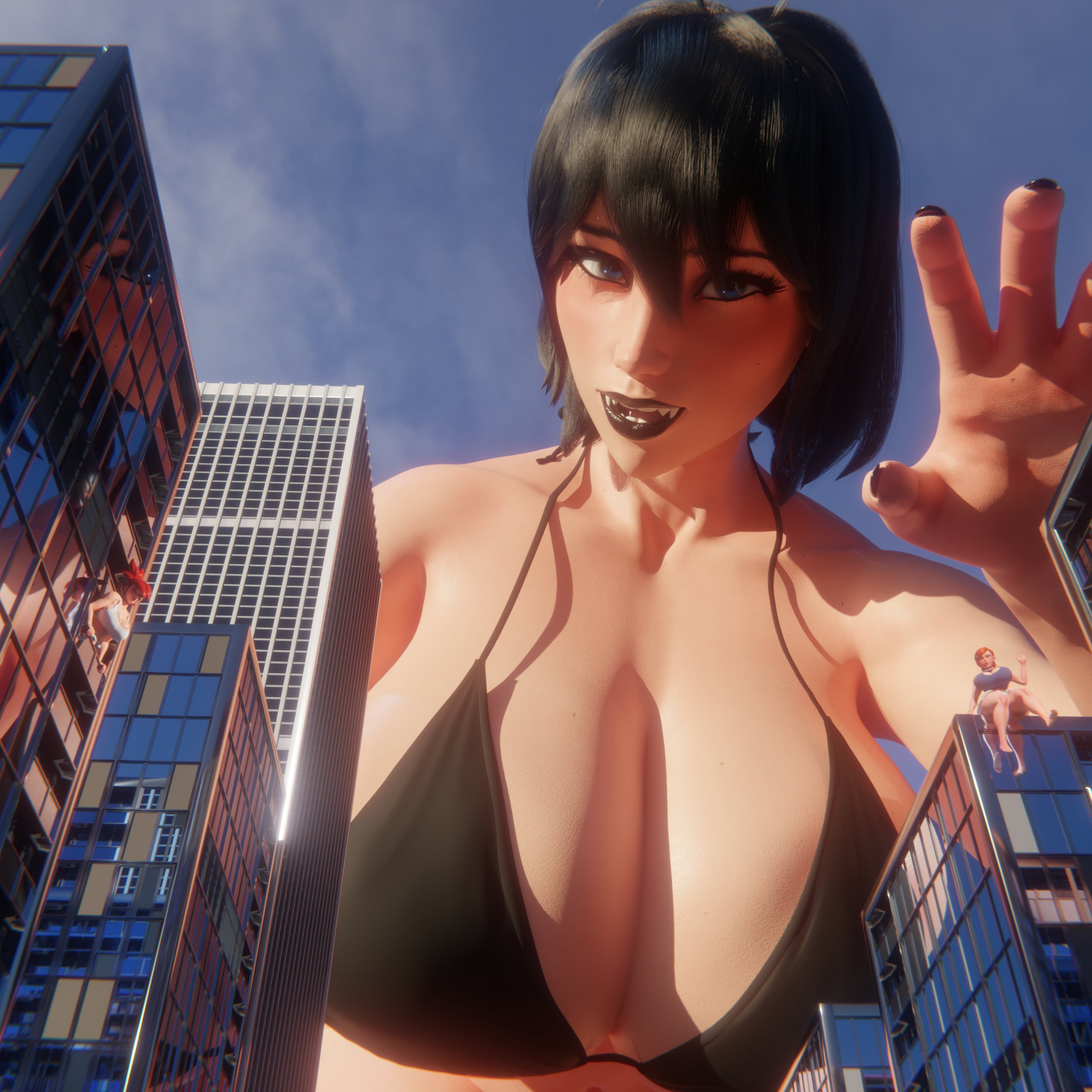 3d, 3d (artwork), 3girls, alternate version, ben 10, big breasts, black hair, black hair female, blue eyes, blue eyes female, breasts, clean version, crossover, dbhfrost, extreme size difference, fangs, foster's home for imaginary friends, frankie foster, giant female, giant woman, giantess, ginger, ginger hair, gwen tennyson, hotel transylvania, huge boobs, huge breasts, human, human female, light skin, light-skinned female, looking at another, looking at viewer, mavis dracula, monster, monster girl, orange hair, orange hair female, red hair, red hair female, redhead female, scrag boy (model), scrag frankie, scrag gwen, scrag mavis, size difference, thick thighs, thighs, vampire, vampire fangs, vampire girl