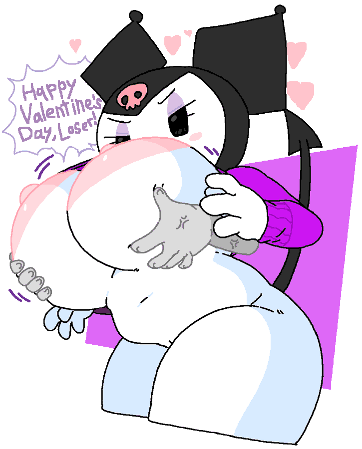 breast grab, breasts, cassettedream, dream-cassette, hearts, hoshime, kuromi, purple sweater, sanrio, valentine, valentine's day