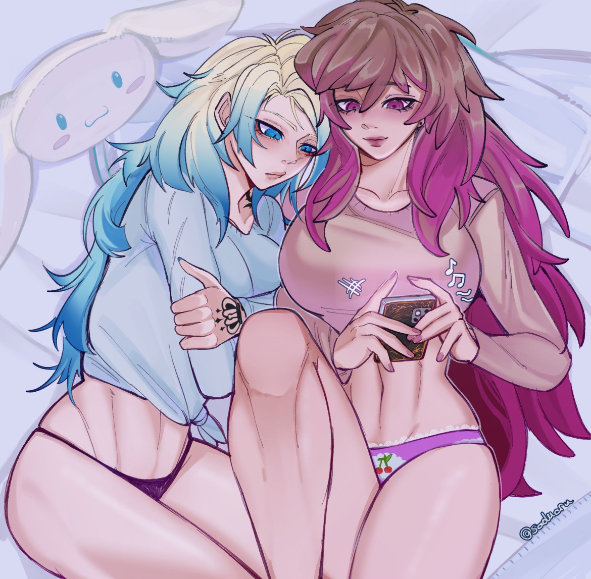 2girls, alexis ness, belly, big breasts, blue hair, blue lock, curvy female, female, female kaiser, female only, female/female, femlock, iphone, long hair, michael kaiser, midriff, on bed, panties, plushie, red hair, rule 63, saduaru, shirt and panties, tattoo, tattooed hand, thick thighs, wide hips, yuri