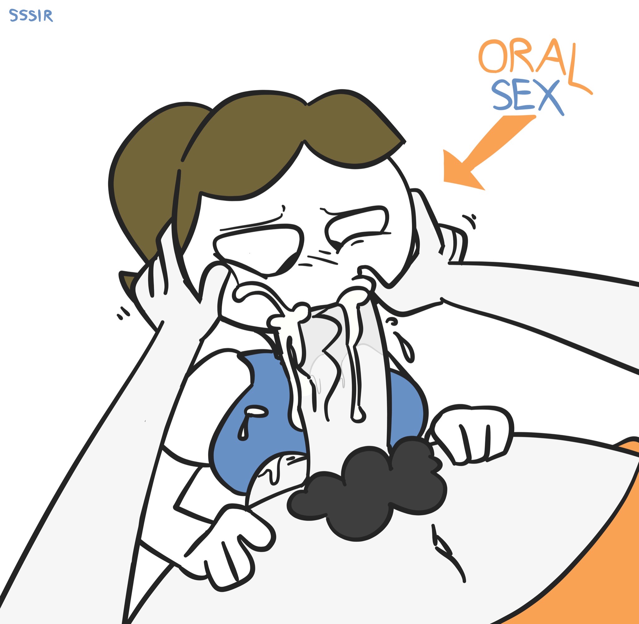 :>=, ambiguous gender, brown hair, cum, cum in mouth, cum inside, fellatio, female, forced, forced oral, futa on female, futadom, futanari, hands on head, intersex, larger futa, messy, oral, pubic hair, saliva, slobbyslapper, sloppy, smaller female, sssir, sssir8, youtube, youtuber