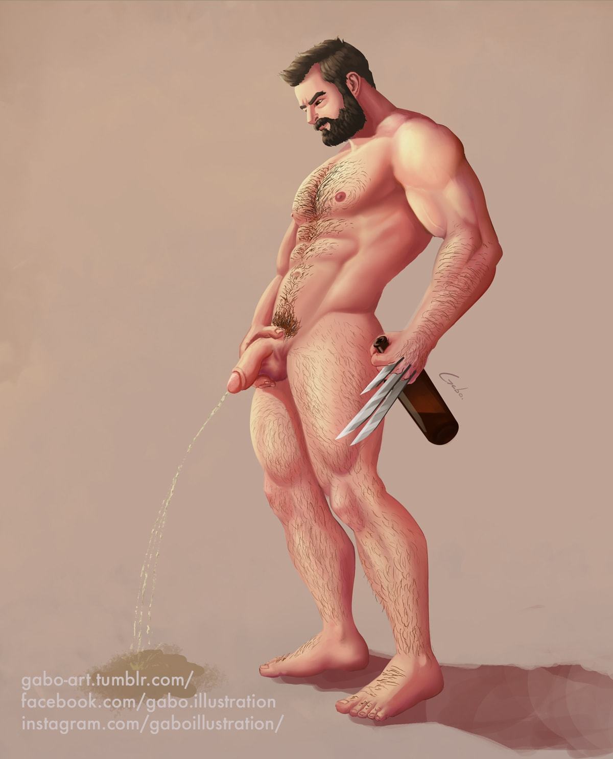 1boy, abs, balls, beard, biceps, bottle, caucasian, caucasian male, completely nude, dilf, flaccid, foreskin, gabo artist, hairy, hairy chest, male, male focus, male only, male peeing, marvel, marvel comics, mature male, muscular, muscular male, nude, nude male, pecs, peeing, peeing on floor, penis, solo, solo male, thick thighs, uncircumcised, uncut, urinating male, urination, urine, white male, wolverine (x-men), x-men