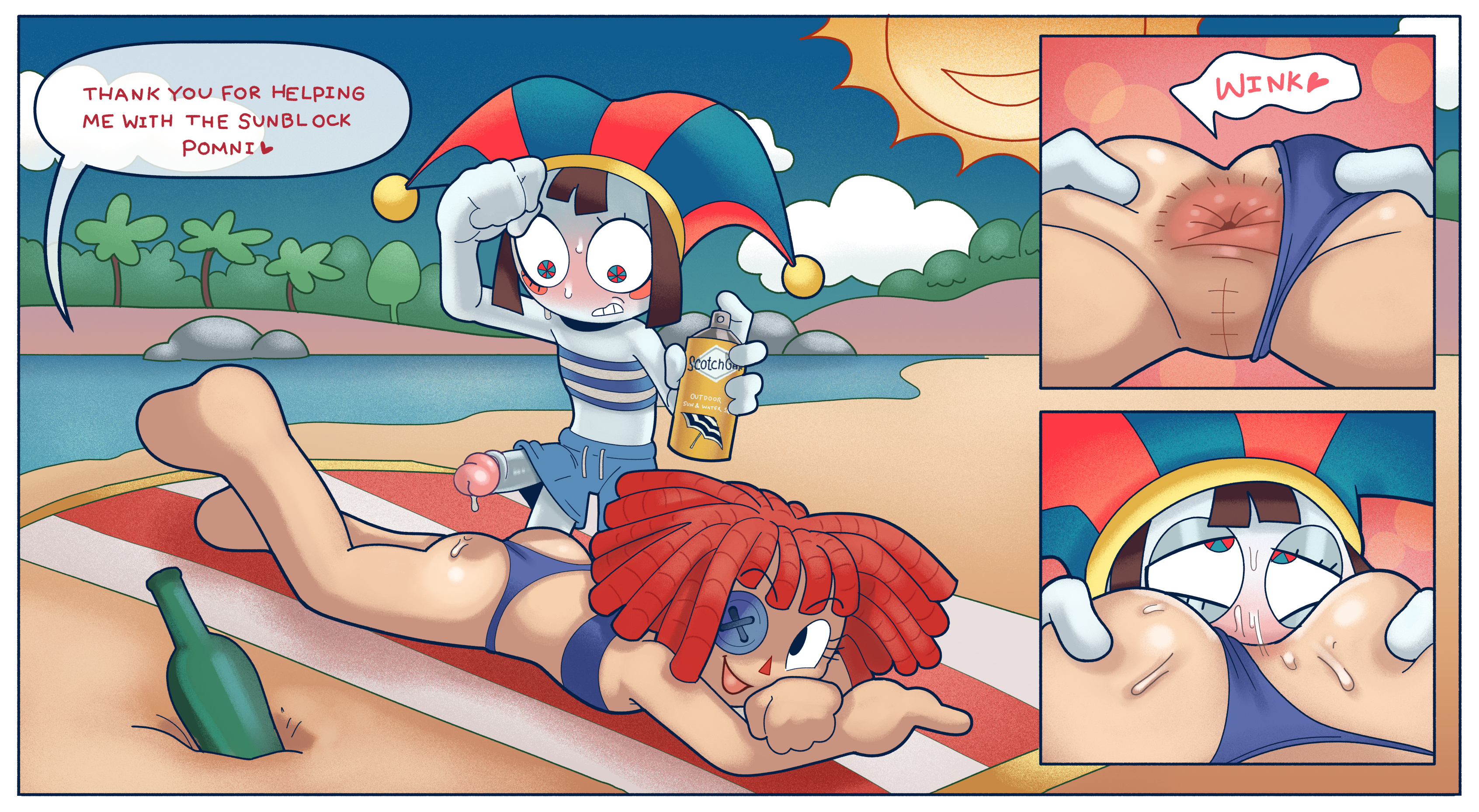 1dickgirl, 1futa, 1girls, anilingus, anus, asshole, beach, brown hair, brown-haired female, cum drip, dogma, dogmalord, doll girl, earth2dogma, erection, female, flat chest, flat chested, futa on female, futanari, glitch productions, gooseworx, jester, jester girl, jester hat, laying on stomach, laying on towel, laying on towel at beach, pomni, pomni (beach outfit), pomni (tadc), pomni (the amazing digital circus), ragatha, ragatha (beach outfit), ragatha (tadc), ragatha (the amazing digital circus), ragdoll, red hair, red-haired female, sun (the amazing digital circus), sunscreen, sweat, tagme, the amazing digital circus, unusual pupils