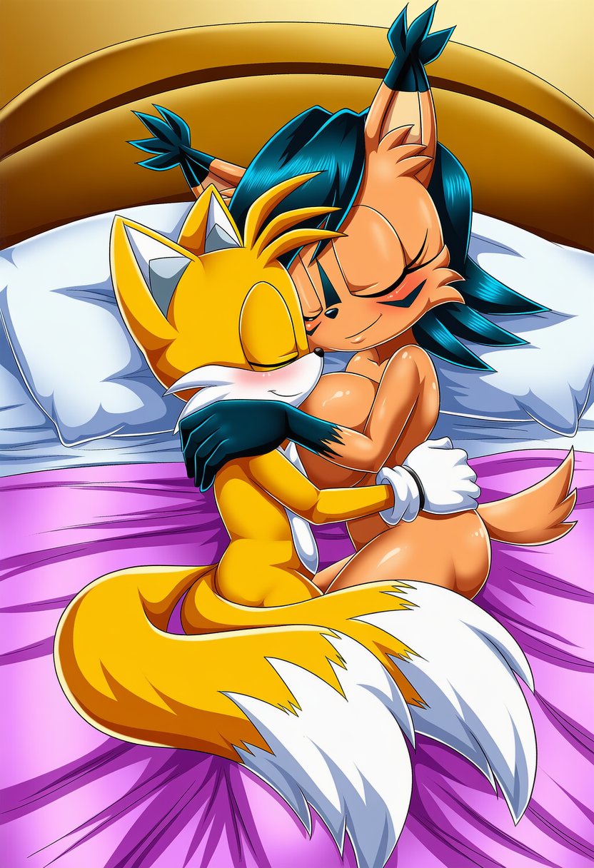 1boy 1girls 2_tails ai_generated big_ass big_breasts big_butt closed_eyes closed_mouth cuddle cuddling half-closed_eyes hug hugging in_bed miles_tails_prower nicole_the_lynx on_bed palcomix sega smile sonic_(series) sonic_the_hedgehog_(archie) sonic_the_hedgehog_(comics) sonic_the_hedgehog_(series) tails_the_fox thick_thighs wide_hips