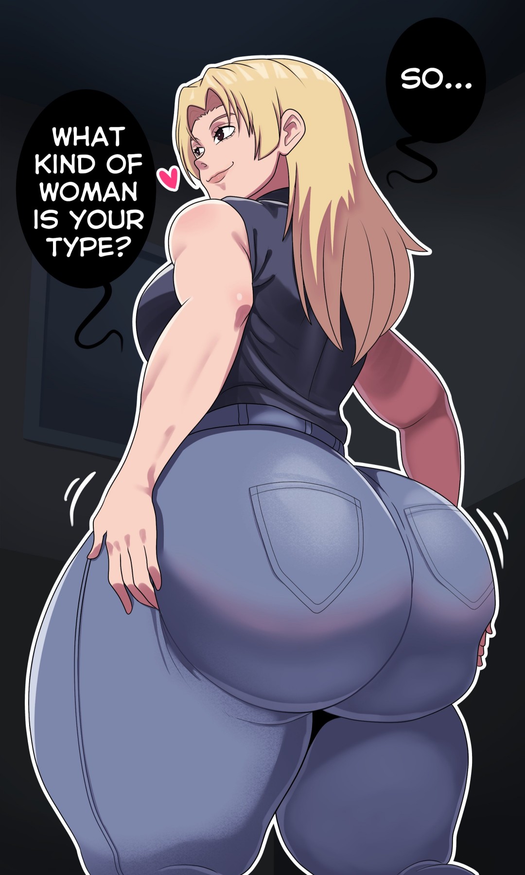 1girls, ass, ass focus, ass shake, blonde hair, brown eyes, denim, english text, freshnsfw, from behind, hands on ass, heart, huge ass, jujutsu kaisen, scene reference, sleeveless, solo, source request, tagme, thick thighs, yuki tsukumo