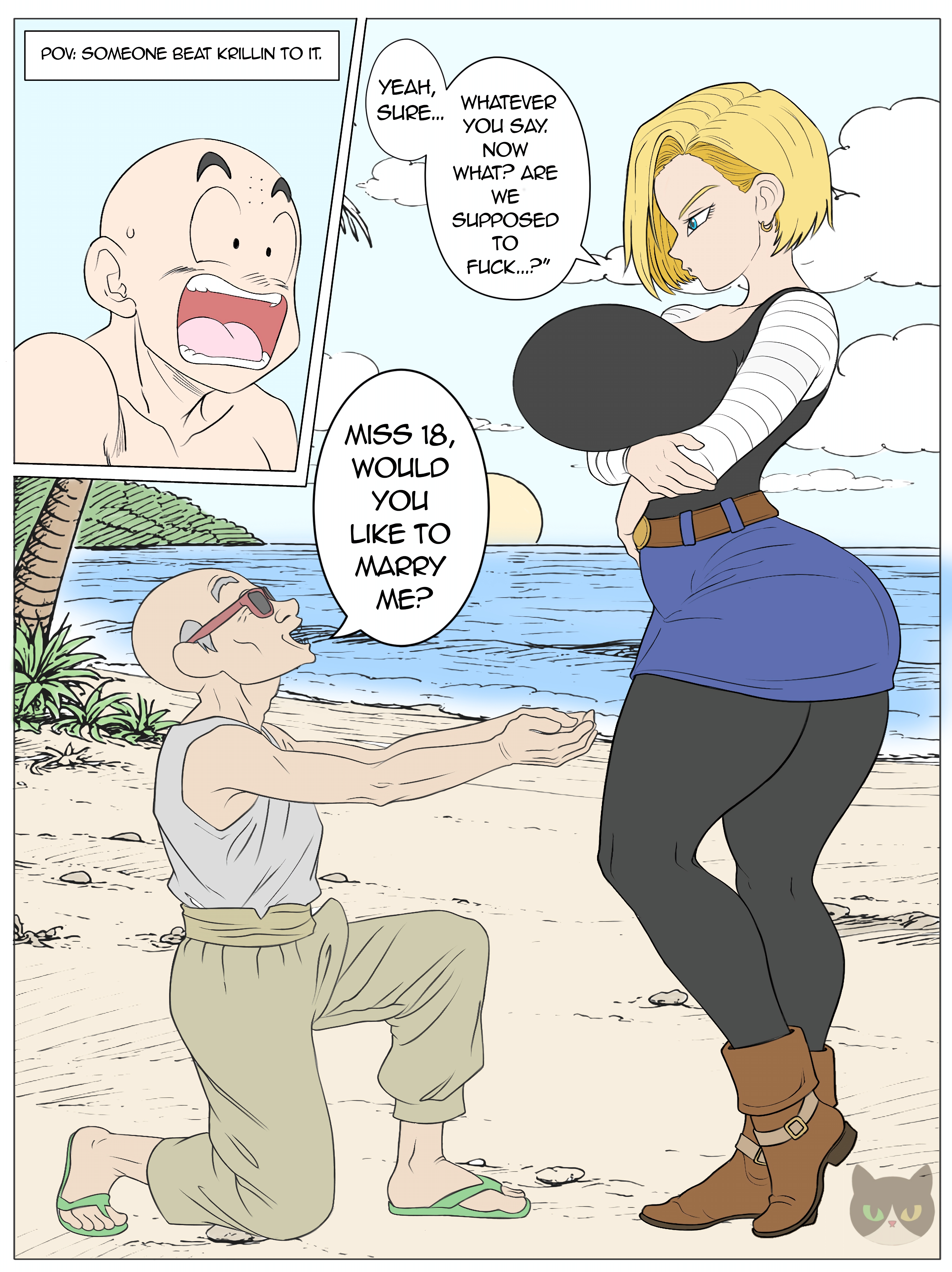 1girls, 2boys, age difference, android 18, ass, big, big ass, big breasts, blonde hair, blue eyes, breasts, dragon ball, dragon ball z, female, hironfalcon, huge breasts, krillin, kuririn, large ass, large breasts, male, marriage proposal, multiple boys, ntr, older male, self upload, short hair, sketch, younger female
