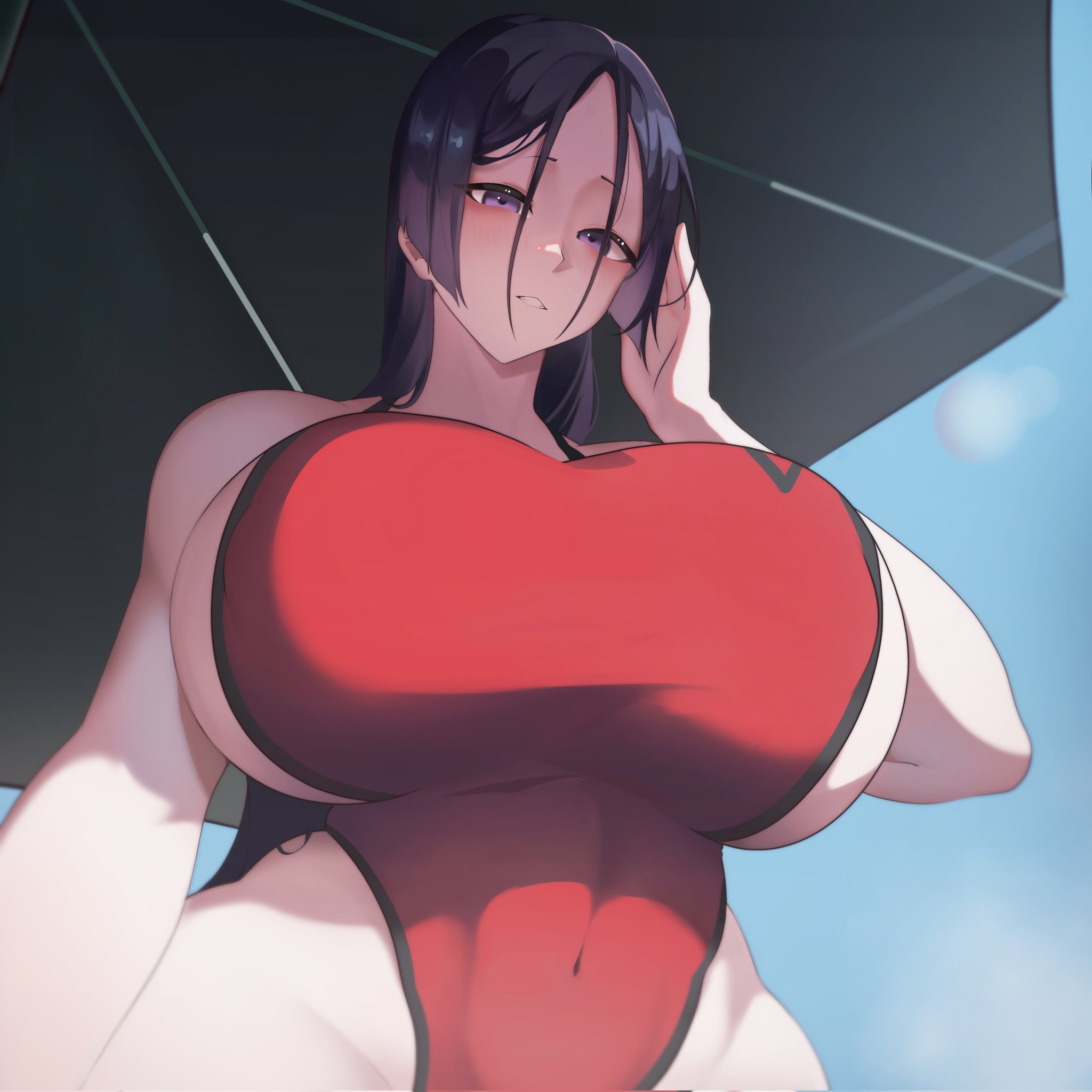 1girls, big breasts, breast focus, breasts, fate (series), fate/grand order, female, female only, hair, huge breasts, large breasts, long hair, mature, mature female, mature woman, milf, minamoto no raikou (fate/grand order), one-piece swimsuit, purple eyes, purple hair, red swimsuit, slob slime, solo, solo female, swimsuit, swimwear, umbrella, upper body, upper body focus