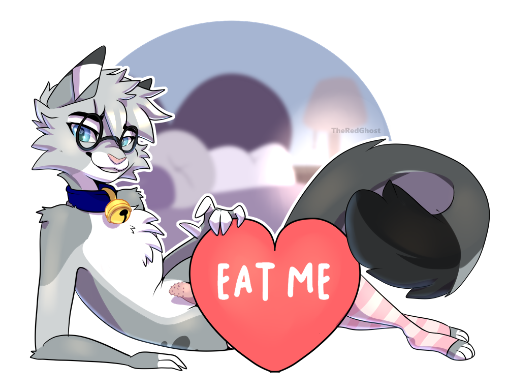 2026 anthro bed bell bell_collar blue_collar blue_eyes bottomless bottomless_anthro bottomless_male clothed clothing collar coy digital_media_(artwork) dipstick_ears dipstick_fingers dipstick_tail dipstick_toes domestic_cat ear_markings egyptian_mau english_text eyewear felid feline felis femboy fur furniture genitals glasses gold_bell grey_body hair heart_pillow heart_symbol holidays inside lamp leg_warmers leg_warmers_only legwear looking_at_viewer lying male mammal markings mostly_nude mostly_nude_anthro mostly_nude_male multicolored_ears nixuelle on_bed on_side pattern_clothing pattern_legwear penile_spines penis pillow pink_nose round_glasses seductive simple_background smile solo spots spotted_markings striped_clothing striped_legwear stripes tail tail_markings teasing teasing_viewer text theredghost thigh_highs valentine's_day