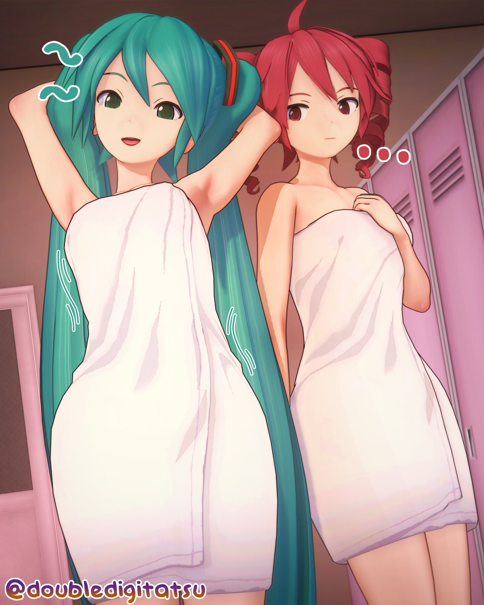2girls, 3d, ahoge, aqua eyes, aqua hair, armpits, arms behind head, arms up, bare shoulders, cowboy shot, doubledigit64, drill hair, eighth note, expressionless, female, green eyes, hand on own chest, hatsune miku, indoors, kasane teto, koikatsu, locker, locker room, long hair, looking at another, looking down, multiple girls, musical note, naked towel, open mouth, part 1, red eyes, red hair, short hair, smile, standing, synthesizer v, tagme, towel, twin drills, twintails, utau, very long hair, vocaloid