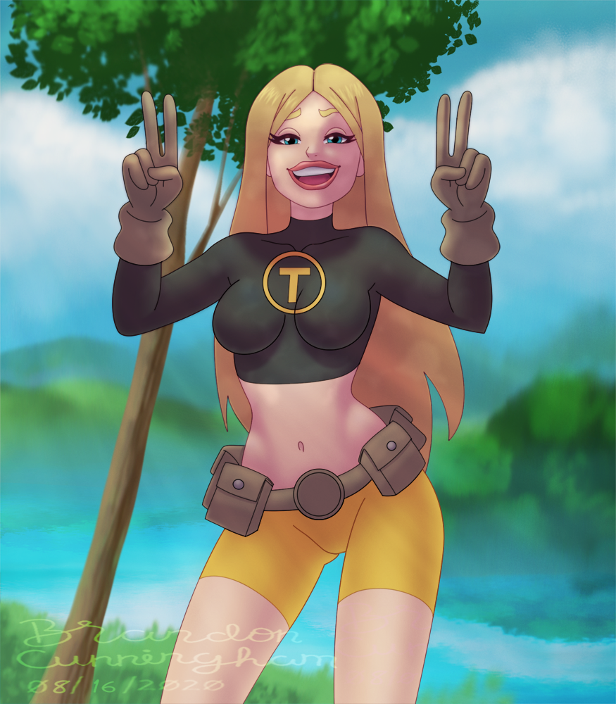 1girls apathyandagony belt big_breasts blonde_hair busty clothed clothing dc dc_comics double_v female female_only footwear handwear human large_breasts legs midriff navel outdoors outside peace_sign pinup pose posing shorts smile solo solo_female teen_titans terra terra_(dc) thigh_gap thighs v