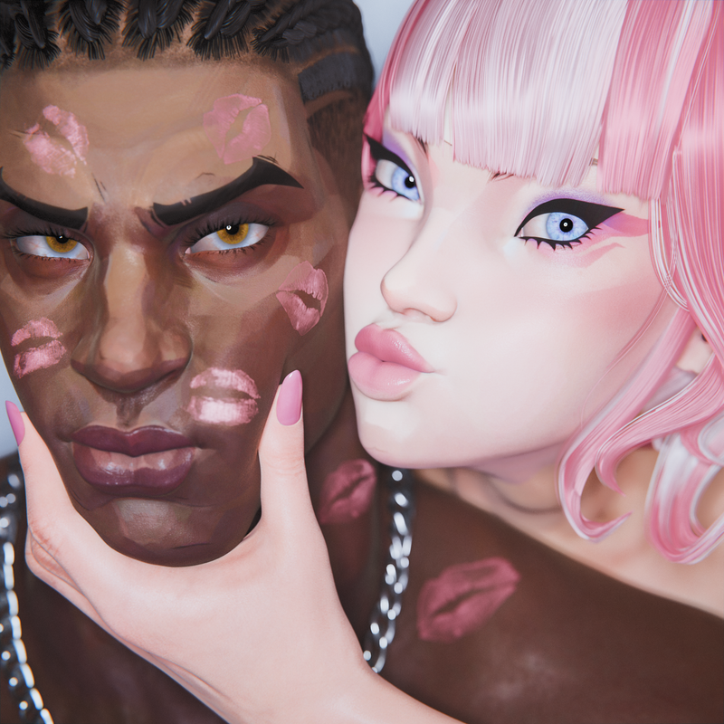 1boy, 3d, asian female, black hair, blade (eric brooks), blade (marvel rivals), blue eyes, couple, dark-skinned male, female, interracial, marvel, marvel comics, marvel rivals, nv3d, pink hair, psylocke, psylocke (marvel rivals), psylocke (sai) (daring daifuku), x-men
