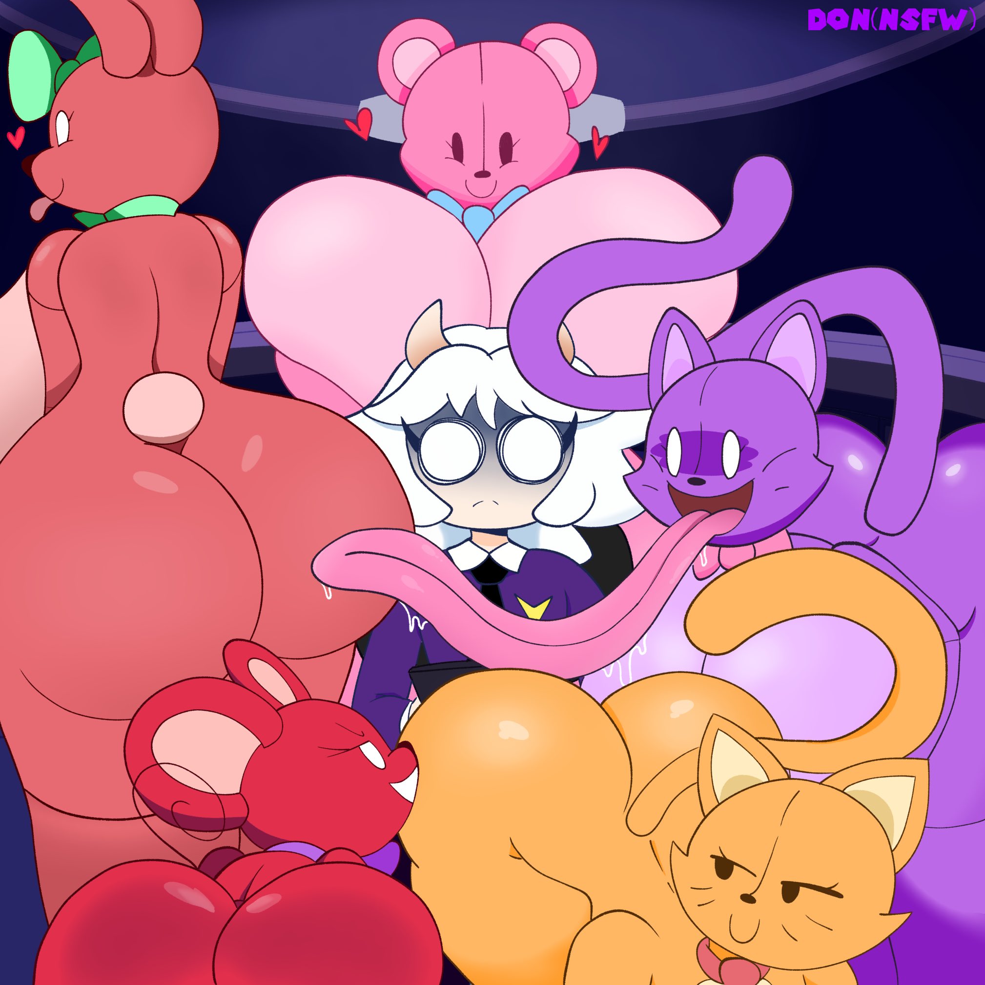 2boys, 4girls, bear, bear ears, bear girl, big ass, big breasts, bratti (gremlingrounded), bunny, bunny ears, bunny girl, bunny tail, cat ears, cat girl, cat tail, catboy, catgirl, catti (gremlingrounded), curvaceous, curvaceous ass, curvaceous body, curvaceous female, curvaceous figure, curvaceous hips, curvaceous thighs, curves, curvy, curvy body, curvy female, curvy figure, curvy hips, female, female/female/female/female, female/female/female/female/male, femboy/male, heart, heart symbol, hearts around head, hoppi (gremlingrounded), huge ass, huge breasts, human, human male, large ass, large breasts, long tongue, lovedoll toy factory, male/male, massive ass, massive breasts, merri (gremlingrounded), rat, rat ears, rat girl, rat tail, teddi (gremlingrounded), tongue, tongue out, voluptuous, voluptuous body, voluptuous female, voluptuous femboy, voluptuous male