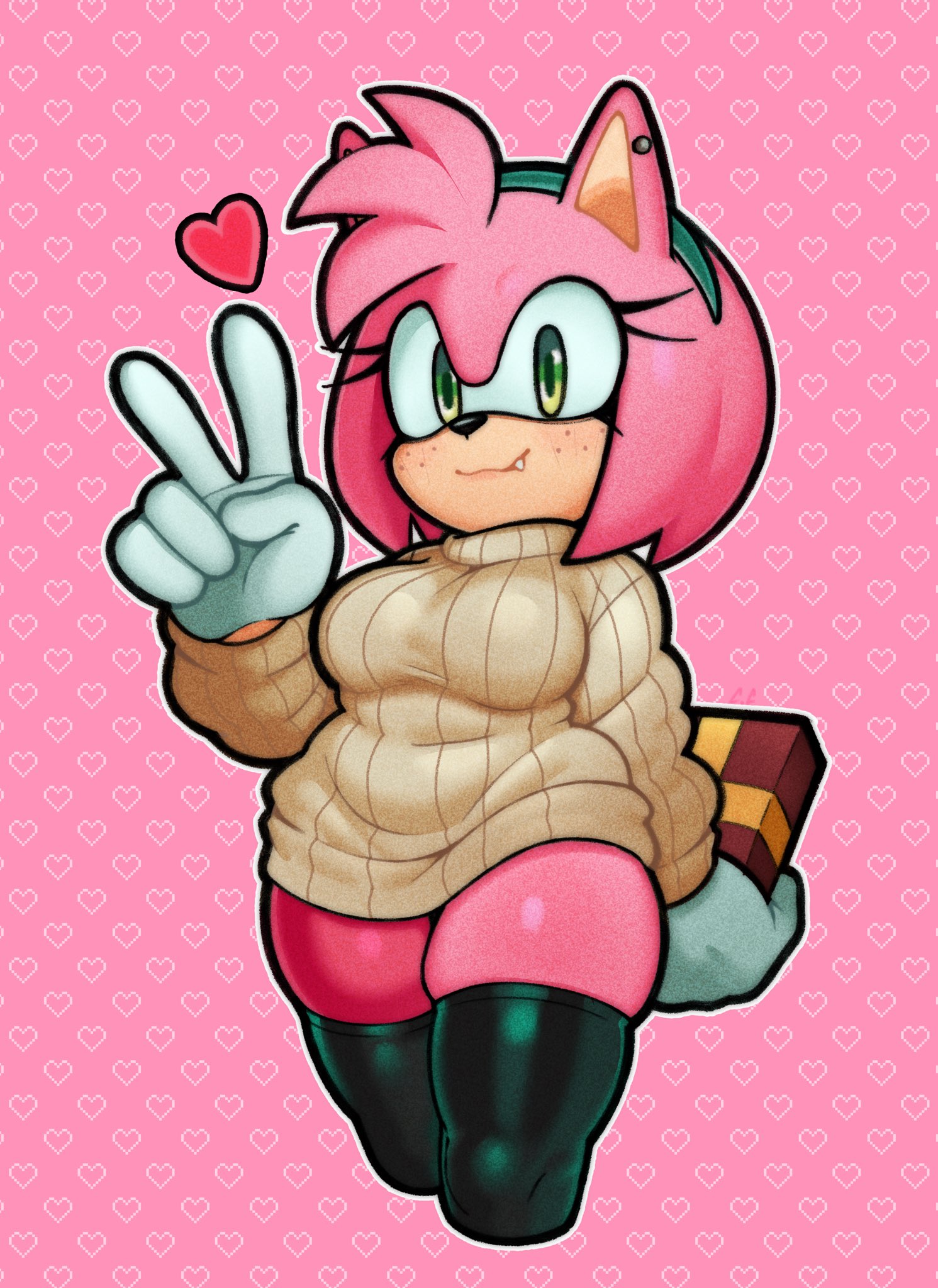 2d, 2d (artwork), 2d artwork, amy rose, belly bulge, big boobies, big breasts, big titties, blush, breasts, champchidi, chubby, chubby female, curvaceous, curvaceous figure, curvy female, diadem, eyelashes, fangs, freckles, freckles on face, gift box, gift wrapped, gloves, green eyes, hearts around head, large breasts, pierced ears, piercing, sega, smiling, sonic (series), sonic the hedgehog (series), stockings, stockings thigh highs, sweater, sweater only, thick, thick butt, thick hips, thick thighs, thighhighs, thighs, tummy, tummy bulge, valentine's day