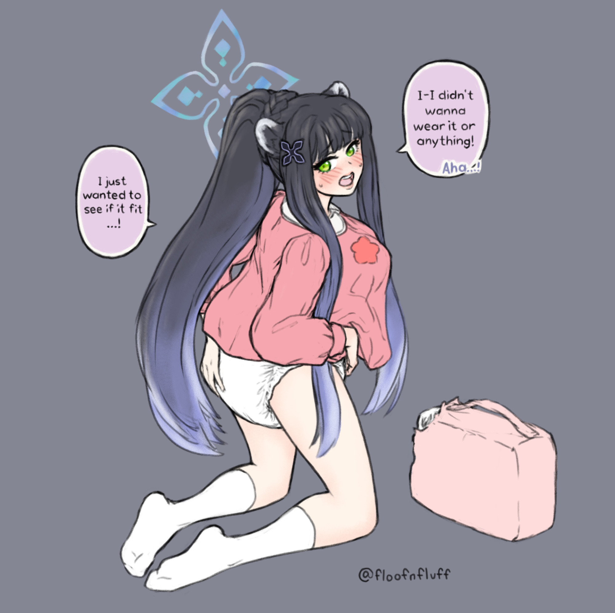 1girls, animal ears, artist name, caught, dialogue, diaper, english text, female, floofnfluff, holding butt, holding diaper, long hair, looking at viewer, looking back, pantsless, simple background, solo, solo focus, sunohara shun, wearing diaper