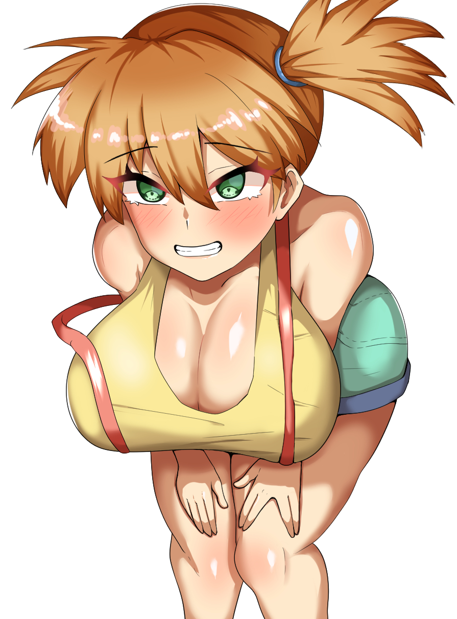 1girls, alternate breast size, big breasts, blush, breasts, female, female only, green eyes, huge breasts, kasumi (pokemon), large breasts, legs, misty (pokemon), nintendo, orange hair, pokemon, pokemon rgby, red hair, shupo1234, smile, solo, suspenders