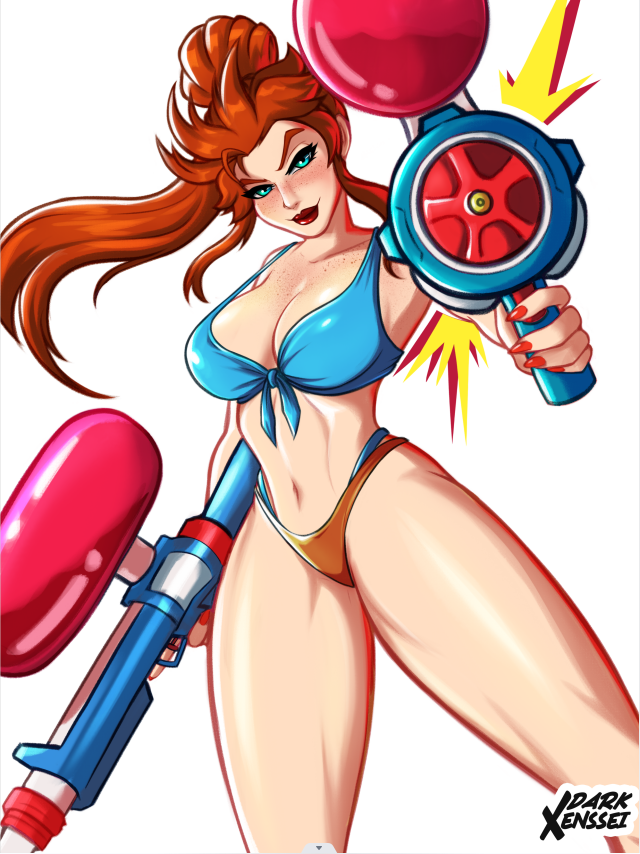 aiming_at_viewer alternate_version_available belly_button big_breasts bikini bikini_bottom bikini_only bikini_top blue_eyes breasts darkxenssei elsa_bloodstone elsa_bloodstone_(marvel_rivals) female female_only freckles freckles_on_chest freckles_on_face ginger ginger_female ginger_hair legs lips looking_at_viewer marvel marvel_rivals navel orange_hair orange_hair_female red_lipstick sexy solo solo_female teal_eyes toy_gun turquoise_eyes water_gun white_background