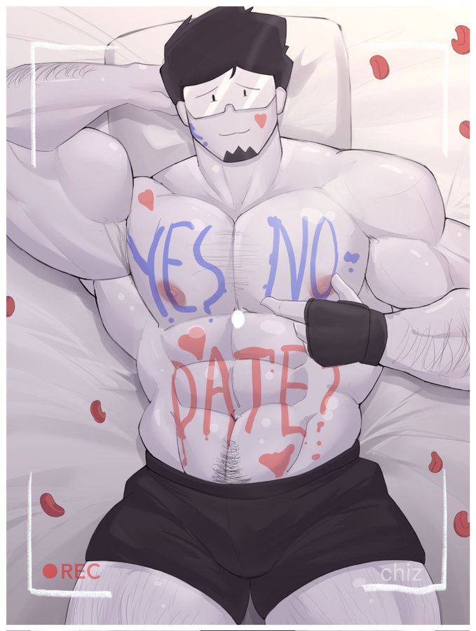 bara, facial hair, glasses, muscular, muscular male, nipples, painted body, pubic hair, pubic hair peek, rebelliousmilk, underwear, underwear only, valentine's day, white body