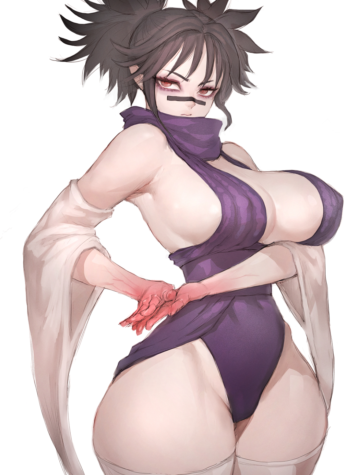 big breasts, blood on hand, breasts, brown hair, busty female, choso kamo, curvy figure, female, female only, fumio (rsqkr), fumio9361, hair buns, jujutsu kaisen, marking below eyes, revealing clothes, rule 63, sideboob cutout, thick thighs, wide hips