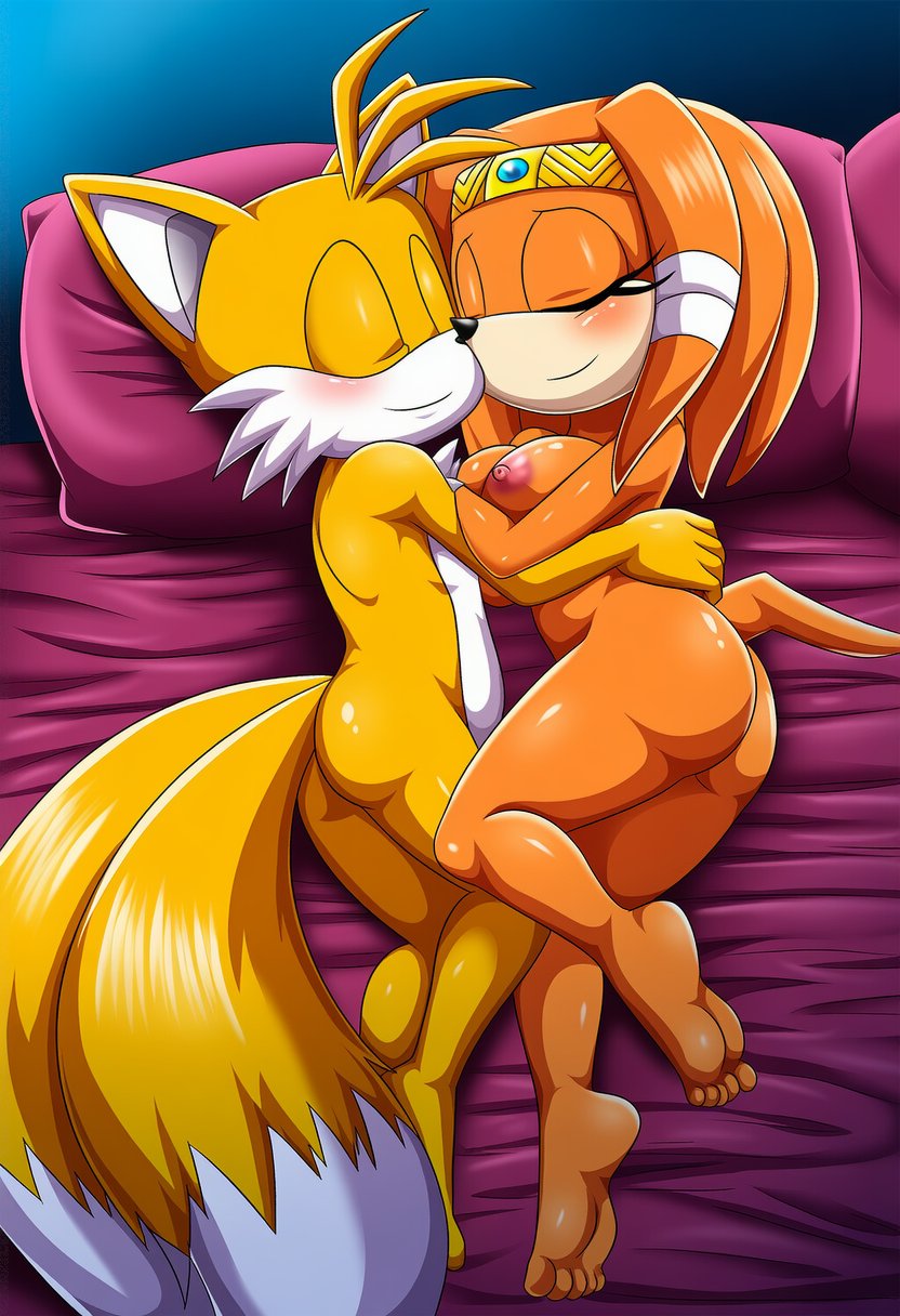 1boy 1girls 2_tails ai_generated big_ass big_breasts big_butt closed_eyes closed_mouth cuddle cuddling half-closed_eyes hugging in_bed miles_tails_prower naked nude on_bed palcomix sega smile sonic_(series) sonic_the_hedgehog_(archie) sonic_the_hedgehog_(comics) sonic_the_hedgehog_(series) tails_the_fox thick_thighs tikal_the_echidna wide_hips