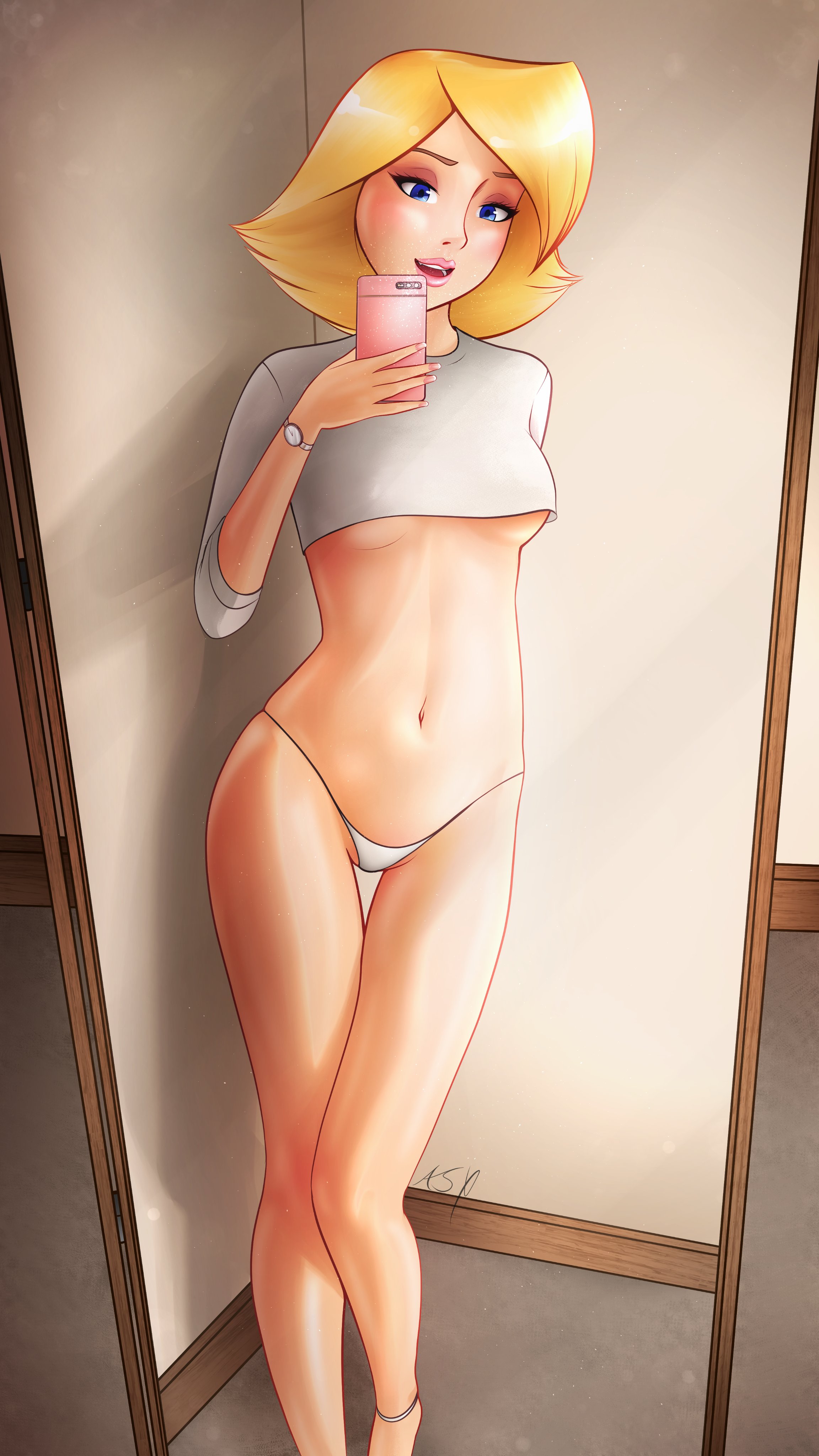 1girls, alternate version available, applespicex, blonde hair, blue eyes, blush, breasts, cellphone, clothing, clover (totally spies), crop top, eyeshadow, female, female only, legs, lipstick, mascara, mirror, mirror selfie, navel, nipples visible through clothing, open mouth, panties, reflection, revealing clothes, selfie, skimpy clothes, solo, thong, totally spies, underboob, watch
