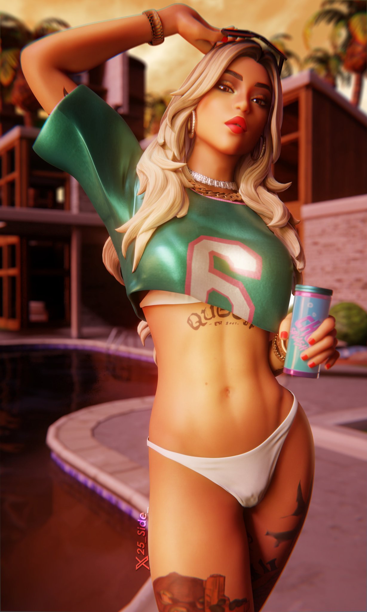 25_side_ 3d 3d_(artwork) alternate_version_available blonde blonde_female blonde_hair blonde_hair_female bracelet bracelets clothed clothed_female clothing earrings female female_focus female_only fortnite fully_clothed fully_clothed_female grand_theft_auto_vi gta_vi_cover_girl holding_drink hoop_earrings huntress_dylan_(fortnite) looking_at_viewer panties pose posing shiny shiny_skin skimpy skimpy_clothes slurp_(fortnite) solo solo_female solo_focus sunglasses sunglasses_on_head tattoo tattoos watermark