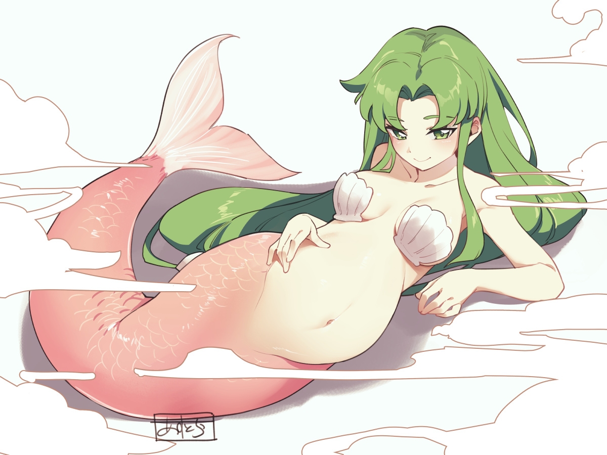 asutora, female, female only, full body, ganbare goemon, green eyes, green hair, humanoid, long hair, looking at viewer, medium breasts, merfolk, mermaid, pregnant, seashell bra, smile, solo, yae (ganbare goemon)