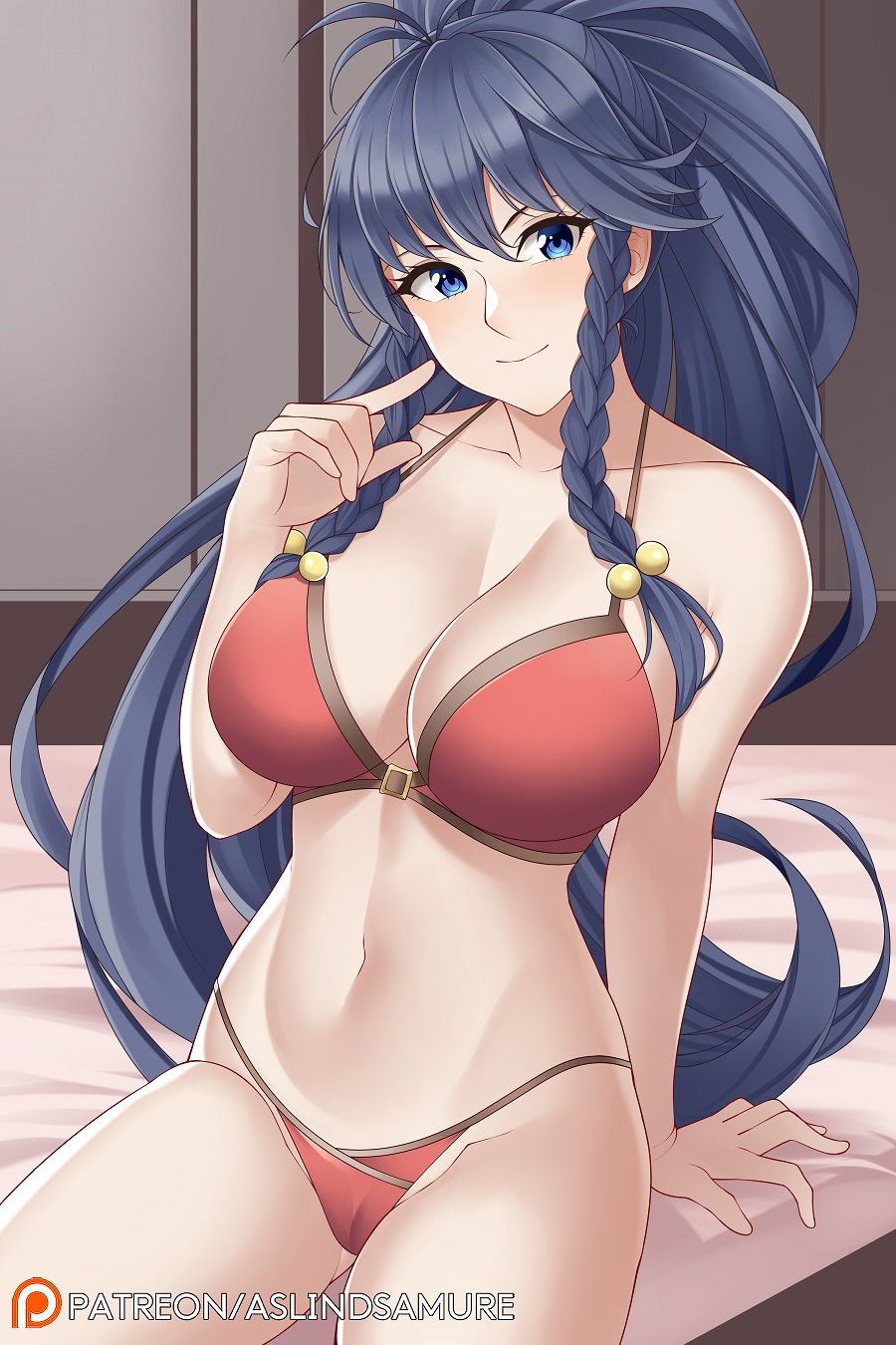 1girls, alternate costume, aslindsamure, bed, bikini, blue eyes, blue hair, braids, breasts, cleavage, dark blue hair, female, female only, fire emblem, fire emblem: the sacred stones, large breasts, nintendo, on bed, ponytail, red bikini, red swimsuit, solo, swimsuit, tana (fire emblem)
