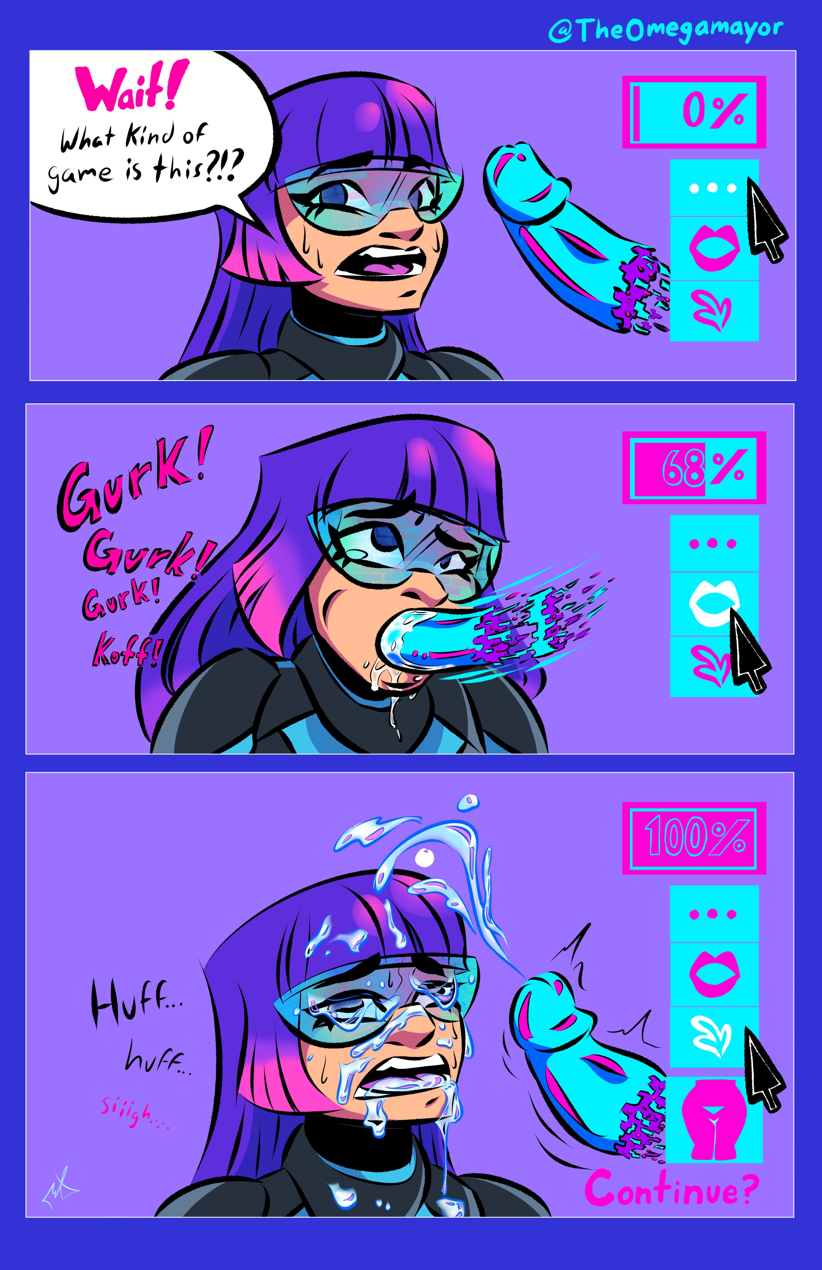 1girls, artist name, artist signature, bangs, blowjob, blue-tinted eyewear, comic, cum, cum on eyewear, cum on face, cum on hair, ejaculation, fellatio, female, female focus, female only, glitch techs, highres, long hair, male, miko kubota, open mouth, penis, purple hair, rape, smooth skin, speech bubble, sweat, tagme, theomegamayor, tinted eyewear, two-tone hair, visor
