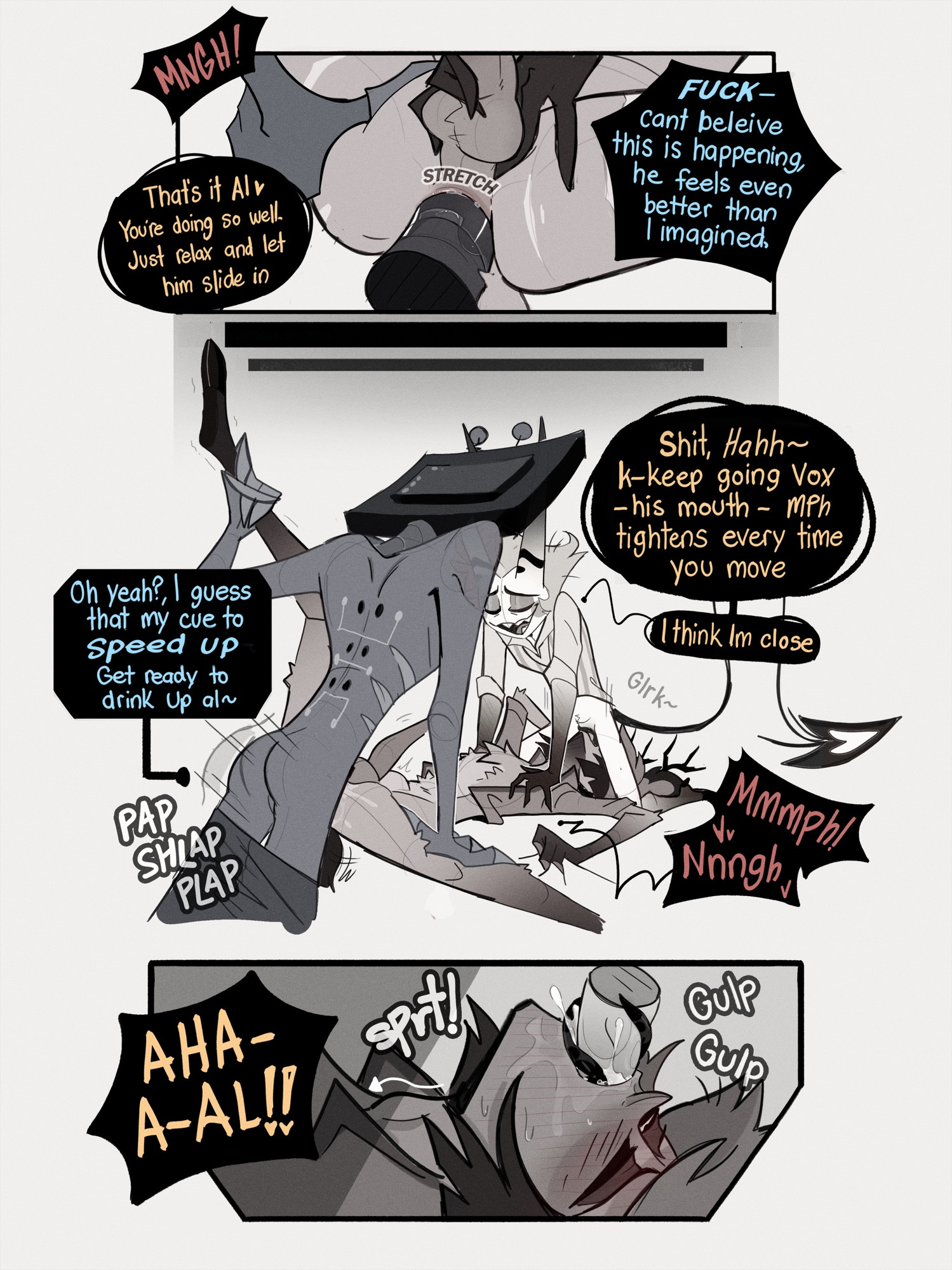 3boys, alastor (hazbin hotel), anal, anal penetration, anal sex, animal ears, antennae (anatomy), antlers, ass, balls, big penis, blue body, butt, chest tuft, comic, craxkers, demon, double penetration, english, english text, gay, gills, grabbing, hazbin hotel, hooves, horns, long tail, lucifer morningstar (hazbin hotel), missionary position, oral, oral sex, penis, rough sex, simple background, speech bubble, tail, threesome, tv head, vox (hazbin hotel), yaoi