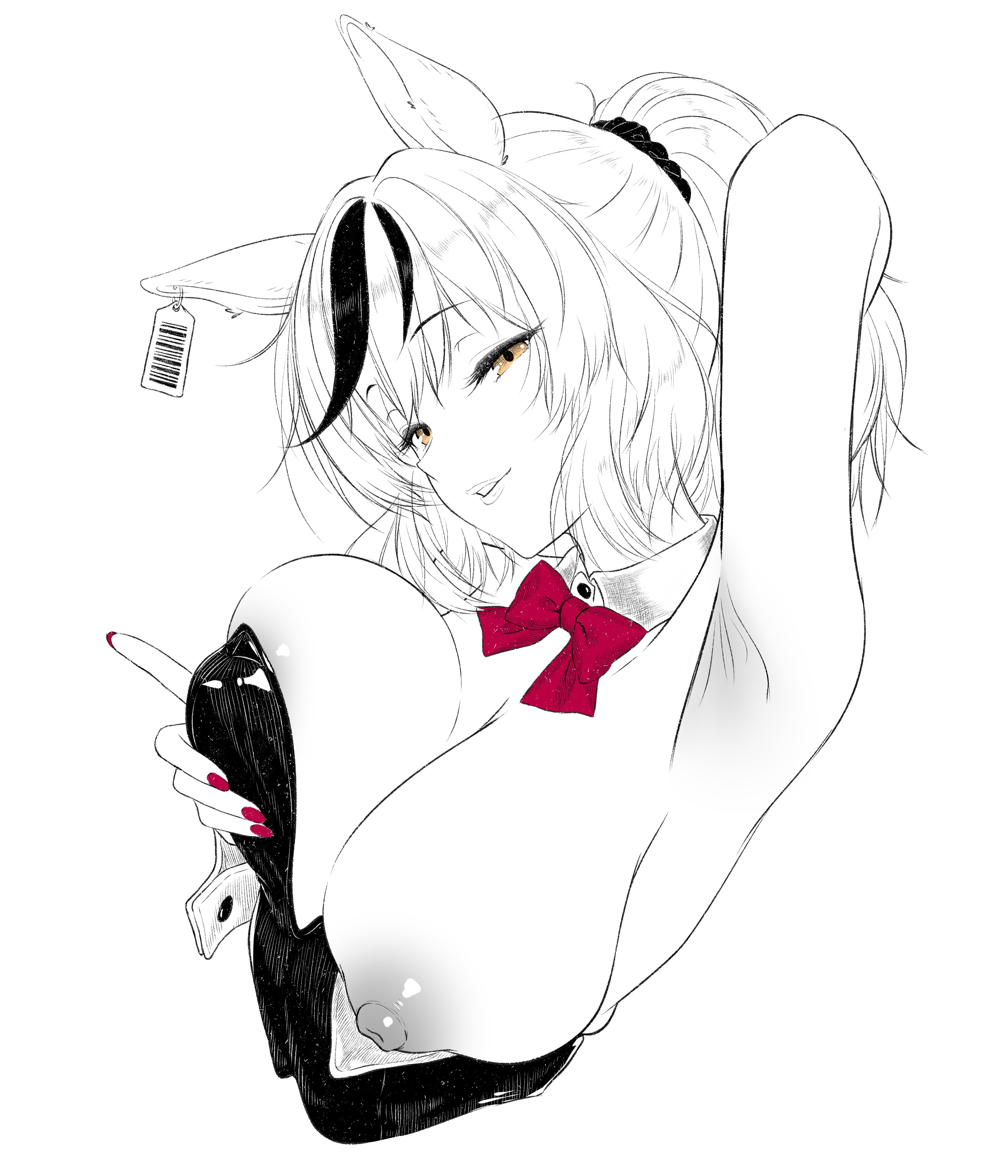 absurdres, alternate breast size (larger), animal ears, arm up, armpits, bow, bowtie, breasts, brown eyes, commentary request, detached collar, female, fingernails, grabbing own breast, greyscale, hair ornament, hair scrunchie, highres, horse ears, horse girl, large breasts, leotard, limited palette, looking at viewer, monochrome, multicolored hair, nail polish, neko4xmata (mao zhuo), nice nature (umamusume), nipples, nontraditional playboy bunny, one breast out, ponytail, red bow, red bowtie, red nails, scrunchie, smile, solo, strapless, strapless leotard, streaked hair, umamusume, umamusume pretty derby, unaligned breasts, undersized breast cup