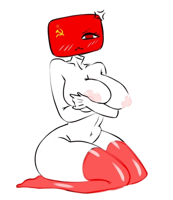 annoyed expression, blush, breasts, countryhumans, countryhumans girl, covering breasts, female, flawsy, red eyes, red stockings, soviet, soviet flag, soviet russia, soviet union (countryhumans)