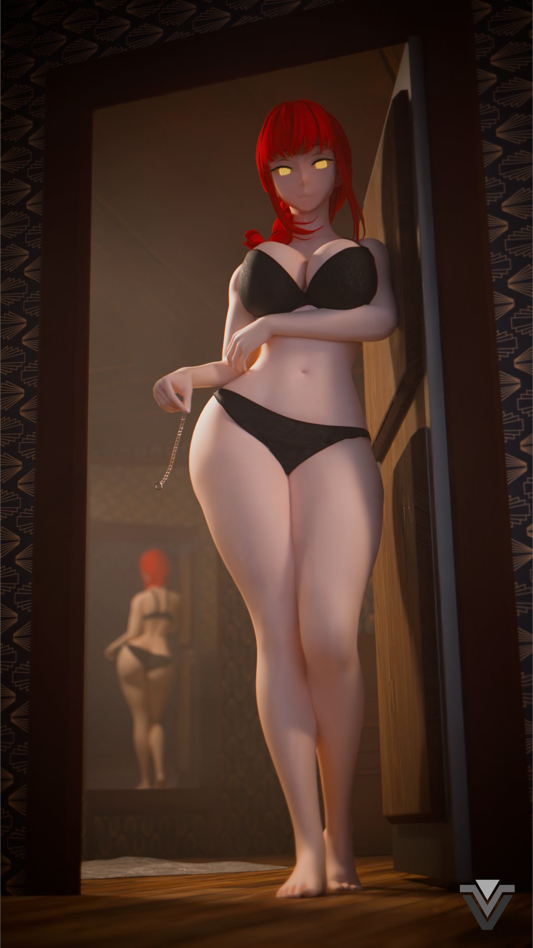 1girls, 3d, 3d (artwork), anime, ass, big ass, big breasts, big butt, black underwear, breasts, chainsaw man, control devil, devil, eager, female, imminent sex, ivelacia, large ass, large boobs, large breasts, large butt, light skin, light-skinned female, looking at viewer, makima (chainsaw man), manga, mirror, mirror reflection, paag, red hair, red-haired female, redhead female, remake, standing, standing at the door, thick thighs, thighs, underwear, yellow eyes