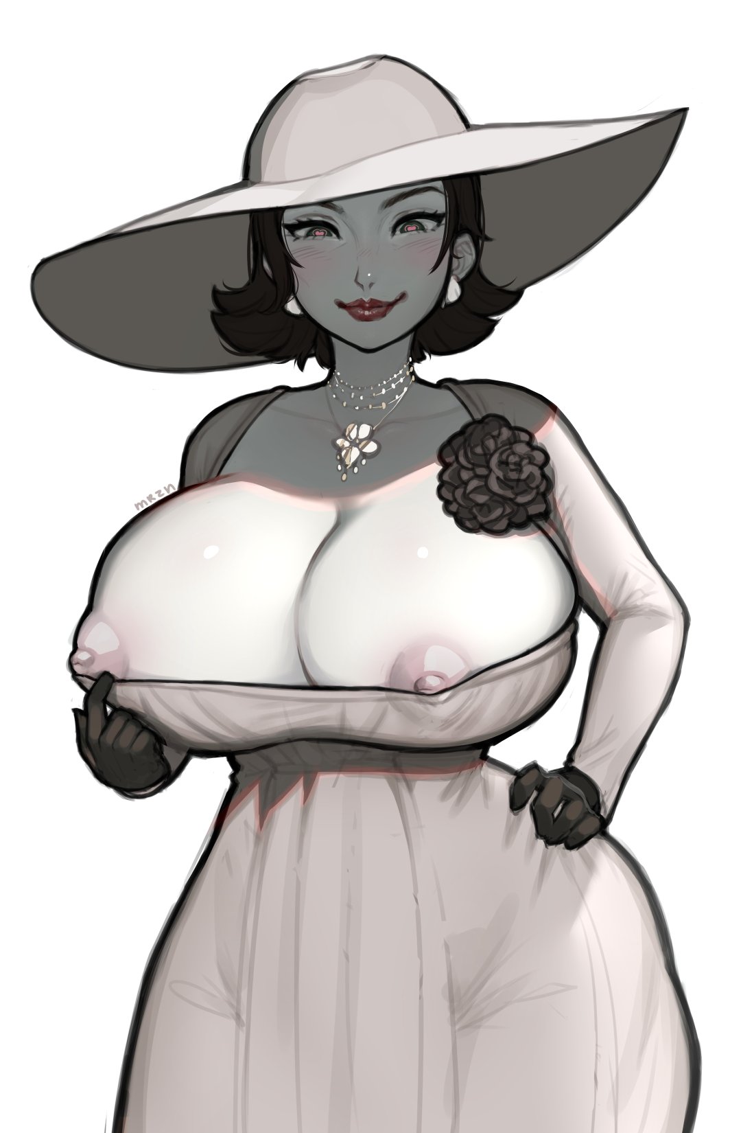 1girls alcina_dimitrescu areolae big_breasts black_hair blush breasts breasts_bigger_than_head breasts_out capcom dress dress_pull earrings female female_only gloves hat heart-shaped_pupils highres hourglass_figure huge_breasts large_breasts mariezone narrowed_eyes necklace nipples pale-skinned_female pale_skin red_lipstick resident_evil resident_evil_8:_village solo solo_female white_background wide_hips