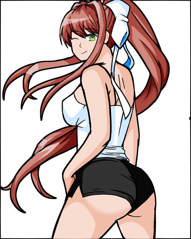 1girls, ass, big breasts, booty shorts, bow, breasts, clothed, doki doki literature club, female, female only, green eyes, hotpants, long hair, monika (doki doki literature club), red hair, short shorts, shorts, solo, solo female, tank top, very long hair