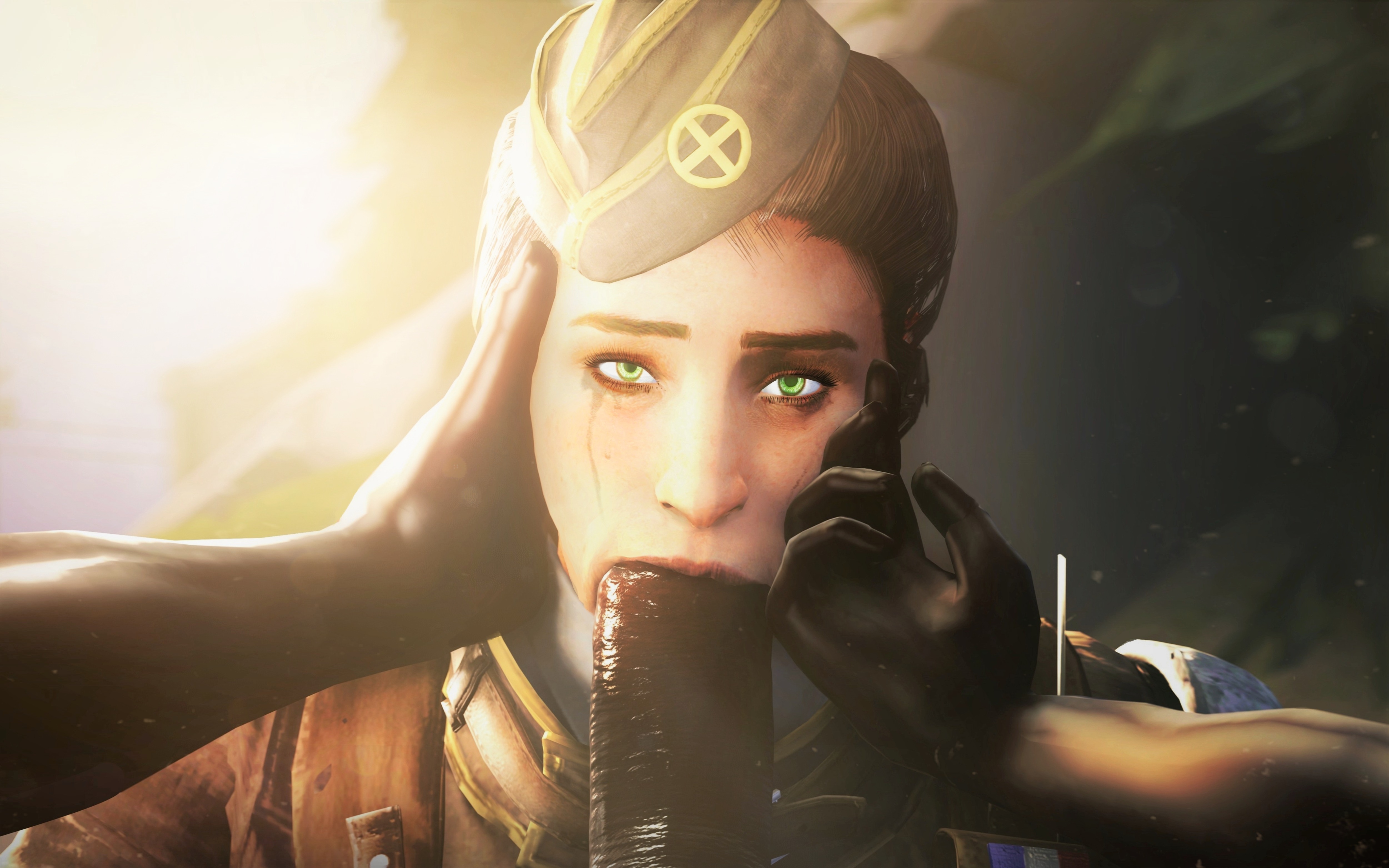 1boy, 1girls, 3d, akatomasu, beret, big penis, blowjob, brown hair, clothed, clothing, dark skin, dark-skinned male, eye contact, fellatio, female, green eyes, hand on face, hand on head, hat, high resolution, highres, holding head, interracial, lens flare, light skin, light-skinned female, looking at camera, looking at partner, looking at viewer, male, mascara, mascara tears, military, military hat, military uniform, oral, oral penetration, oral sex, outdoors, outside, penis, rainbow six, rainbow six siege, romantic, soldier, source filmmaker, straight, stroking head, tom clancy, twitch (rainbow six), uniform