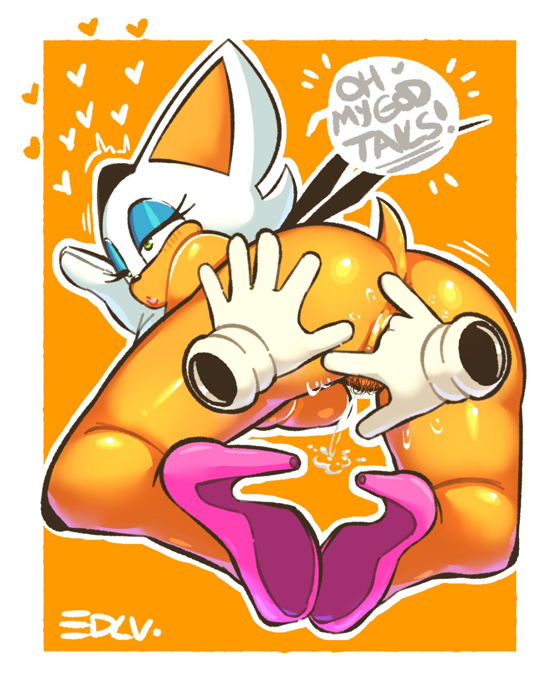 1boy, 1girls, 2026, all fours, anthro, anus, artist name, ass, ass grab, ass up, back view, bat, big breasts, blue eyeshadow, blush, bodily fluids, breast rest, breasts, busty, character name, chiropteran, cleavage, curvaceous, curvy, disembodied hand, disembodied hands, duo, edalv, edolov, english text, eyeshadow, feet together, feet together knees apart, female, fingering, footwear, footwear only, furry, genital fluids, genitals, gloves, grabbing, grabbing ass, grabbing from behind, green eyes, hair, half-closed eyes, hand on ass, handwear, hanging breasts, head down ass up, high heels, high heels only, kneeling, knees apart feet together, labia, large breasts, legs apart, lipstick, makeup, male, male/female, mammal, membranous wings, miles prower, miles tails prower, mostly nude, motion lines, orange background, partial male, pink lipstick, pubic hair, pussy, pussy juice, pussy juice drip, rouge the bat, sega, shoes, shoes only, short hair, signature, simple background, sonic (series), sonic the hedgehog (series), speech bubble, straight, tail, tails the fox, tan body, tan fur, tan skin, text, thighs, unseen male face, vaginal fluids, vaginal juices, vaginal penetration, vulva, wet pussy, white gloves, wings