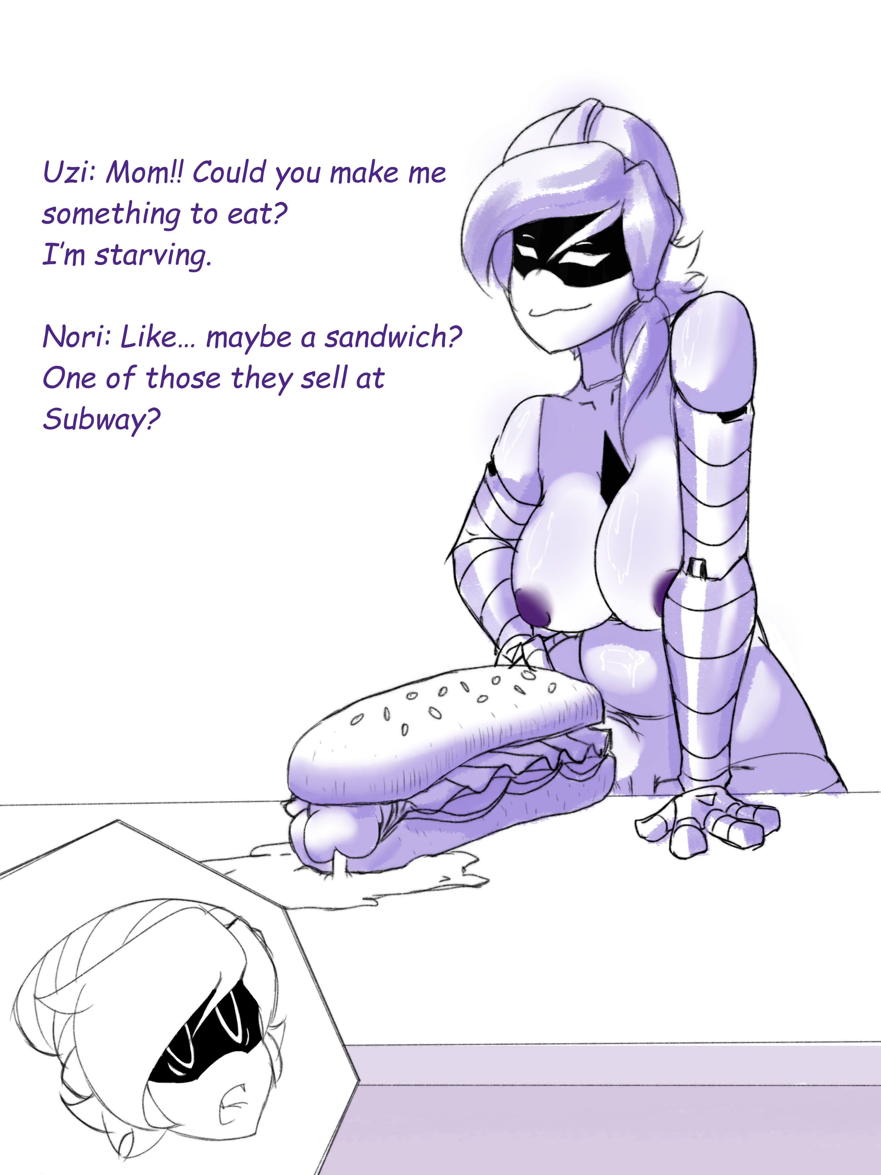 1futa, balls, belly, big breasts, big butt, big nipples, big penis, breasts, cum, cum in food, daughter (lore), erection, food, food fetish, food penetration, food play, futa focus, futanari, huge cock, incest, mecatiuh, mother (lore), mother and child, mother and daughter, murder drones, nori (murder drones), penis, robot girl, solo focus, subway (franchise), text, uzi (murder drones), white body