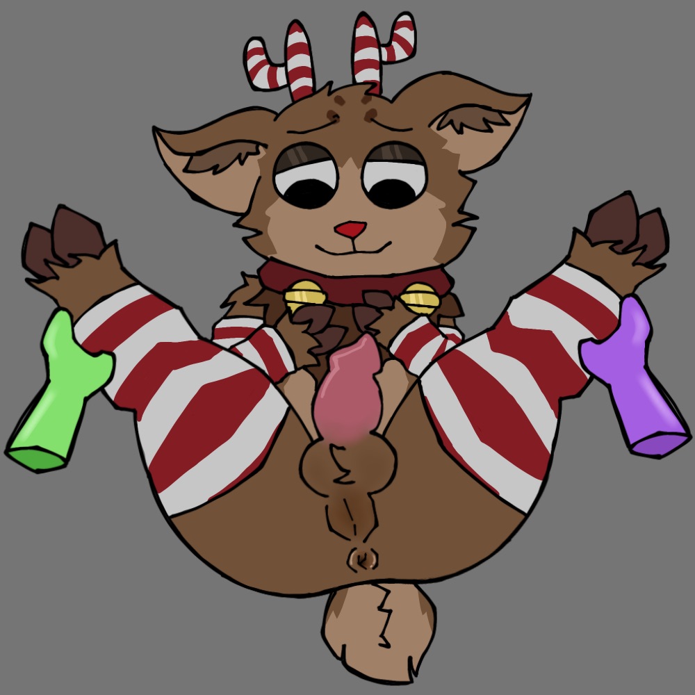 anthro ass balls brown_body brown_fur dandy's_world deer furry holding honestban hooves knot knotted_penis looey_(dandy's_world) male red_nose reindeer rudie_(dandy's_world) tail