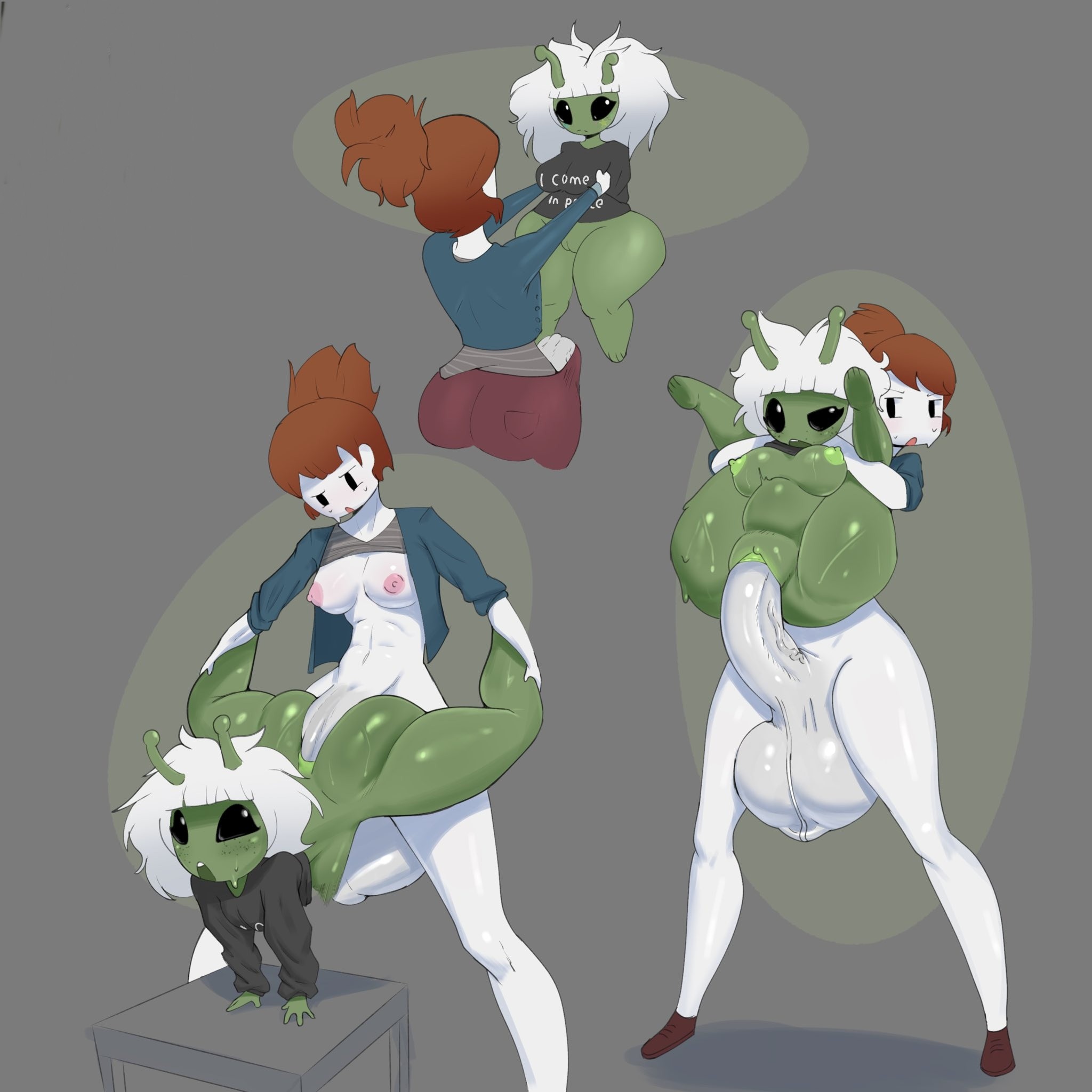 1futa, 1girls, acorn hair, alien, areolae, ass, balls, big balls, big penis, bottomless, breasts out, bulge, bulge through clothing, carrying, full nelson, futanari, medium breasts, megamor, nipples, open jacket, penis, pussy, roblox, robloxian, shirt up, shortstack, size difference, source request, stomach bulge, tagme