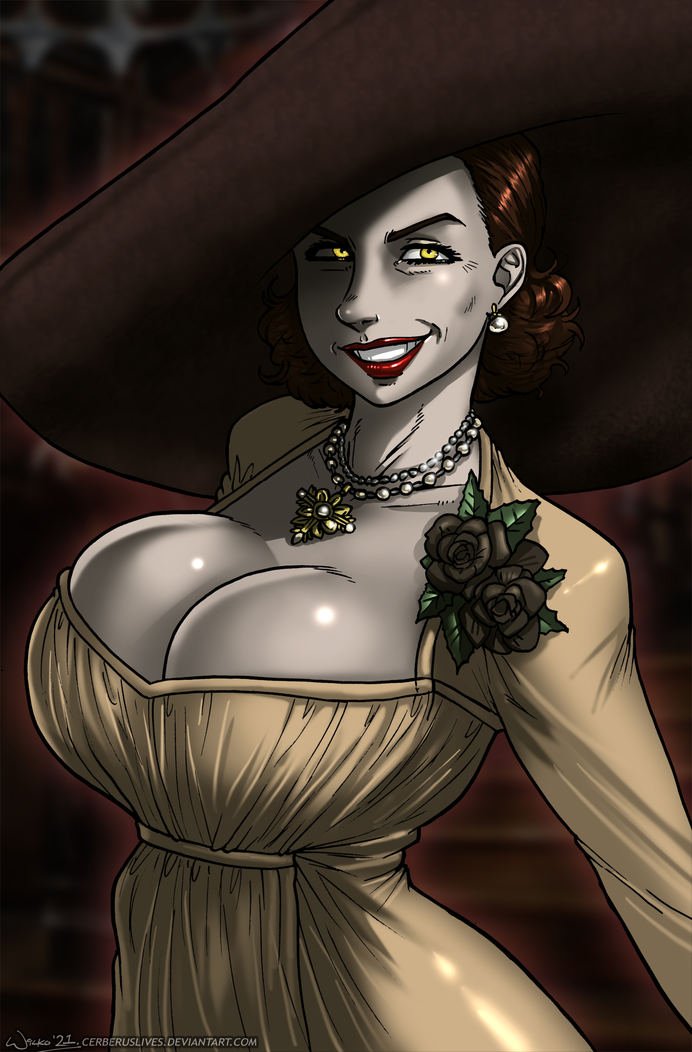 alcina dimitrescu, black rose, breasts, brown hair, busty, capcom, cerberuslives, dress, female, female only, grin, hat, huge breasts, jewelry, large breasts, light skin, light-skinned female, pale skin, pale-skinned female, resident evil, resident evil 8: village, shiny clothes, shiny skin, smile, solo, wilko, yellow eyes