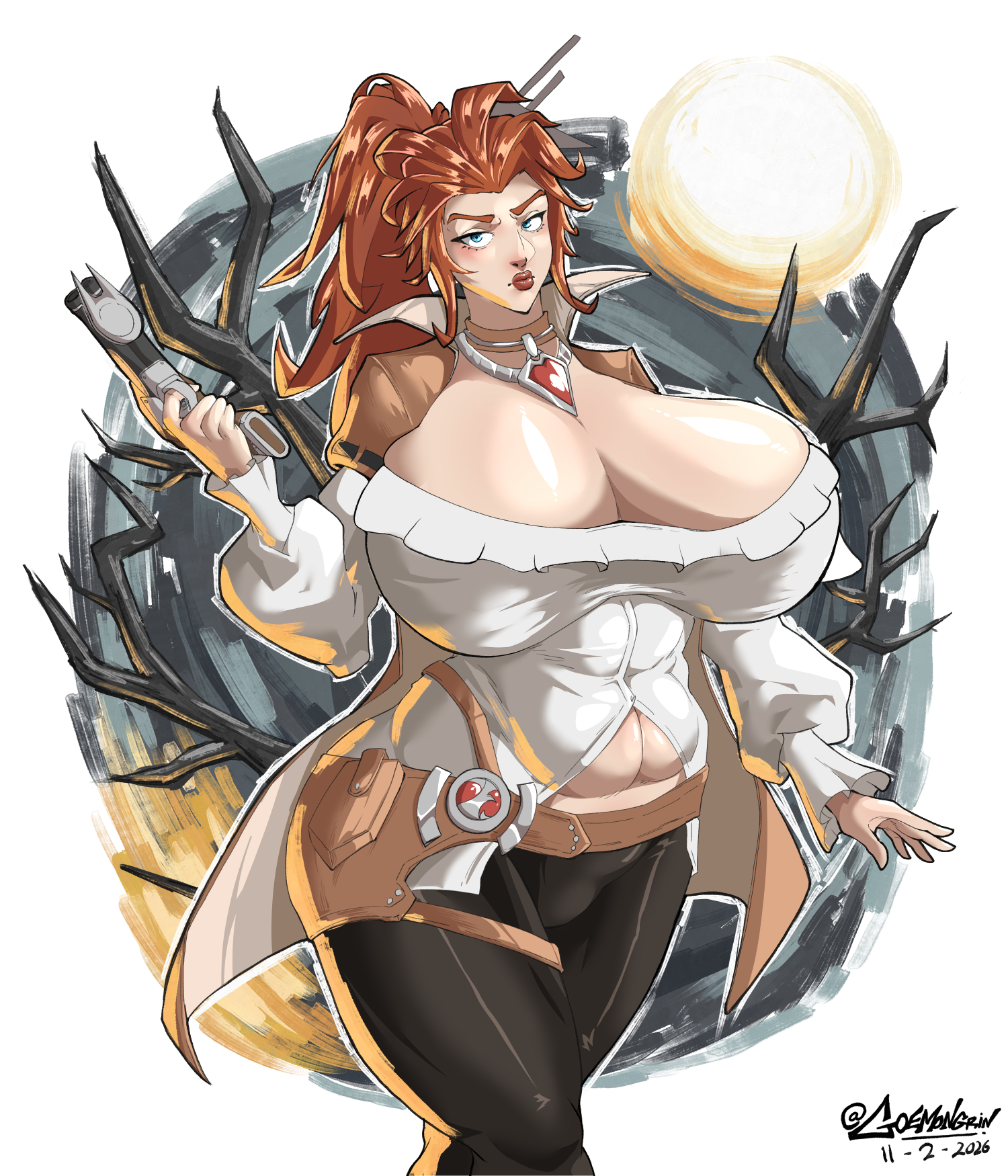 2026, abs, big breasts, breasts, cleavage, elsa bloodstone, elsa bloodstone (marvel rivals), female, ginger, ginger female, ginger hair, goemongrin, gun, huge breasts, large breasts, light skin, light-skinned female, marvel, marvel comics, marvel rivals, massive breasts, orange hair, solo, thick