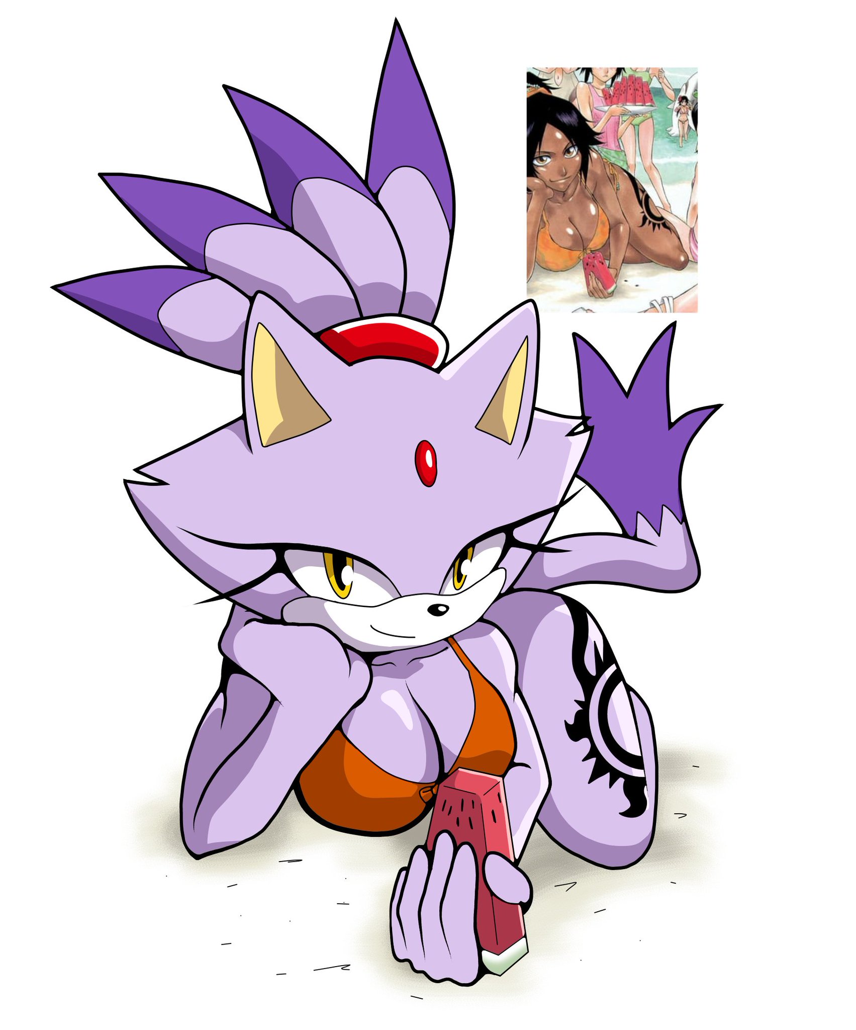 1girls, 2d, anthro, b00tlg5347, beach, big ass, big boobies, big booty, big breasts, big butt, big thighs, big titties, blaze the cat, bleach, bubble ass, bubble butt, busty, busty female, cat ears, cat tail, cleavage, eyelashes, female, female only, furry, gem on forehead, lying on ground, orange bikini, ponytail, purple fur, purple hair, reference image, sega, shihouin yoruichi, solo, sonic (series), sonic the hedgehog (series), tattoo, tattoo on legs, thick ass, thick butt, thick thighs, yellow eyes