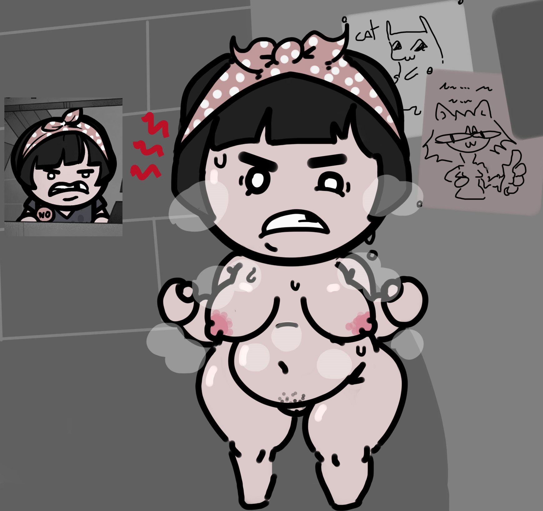 1girls, 2d, 2d (artwork), alternate version available, anger symbol, angry, angry face, big nipples, black hair, breast focus, breasts, breasts out, chipped tooth, chubby, chubby belly, chubby female, color, dibujobienraro, female, female focus, full body, light skin, light-skinned female, mewgenics, missing tooth, naked, naked female, neco-arc, nipples, nipples outside, nude, nude female, pissed off, pubic hair, screenshot, short hair, slugcat, solo, solo female, solo focus, steam, steaming body, steamy breath, sweat, sweatdrop, sweating, sweaty, sweaty body, tooth gap, tracy (mewgenics)