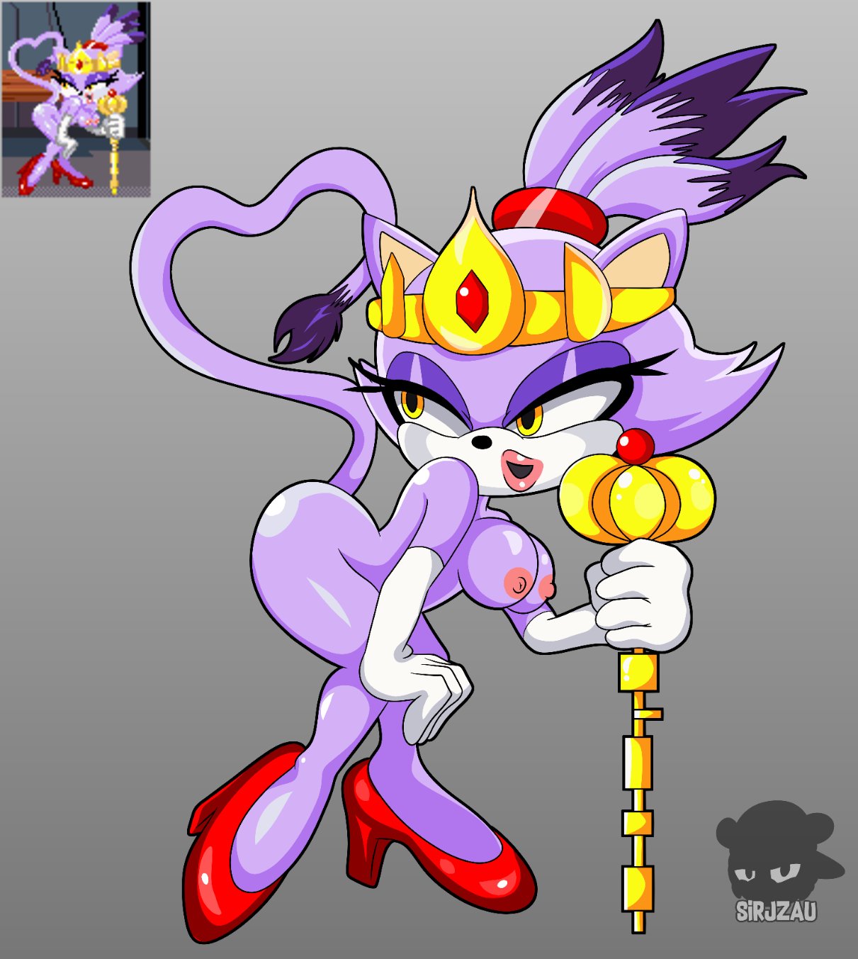 after transformation, anthro, ass, bimbo, bimbofication, blaze the cat, breasts, butt pose, cat ears, cat tail, clothing, crown, domestic cat, eyeshadow, felid, feline, felis, female, footwear, fur, grey background, half-closed eyes, hi res, humanoid, makeup, mammal, narrowed eyes, open mouth, pinup, pose, post-transformation, project x love potion disaster, purple body, purple fur, queen, red clothing, red footwear, red shoes, reference image, royalty, sega, shoes, simple background, sirjzau, solo, sonic (series), sonic the hedgehog (series), transformation, video games, yellow eyes