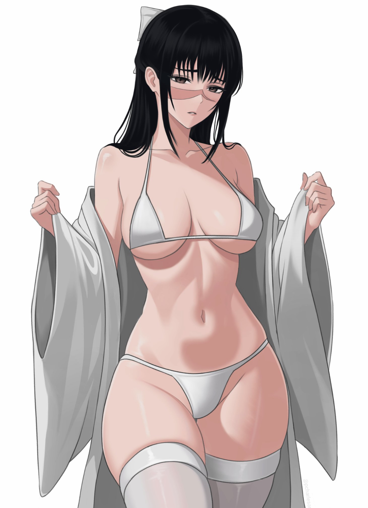 bangs, bikini, black hair, curvy female, female, female only, hips wider than shoulders, isavi, jacket on shoulders, jujutsu kaisen, long hair, medium breasts, midriff, scar across nose, scar on face, taking off jacket, thick thighs, thighhighs, utahime iori, wide hips